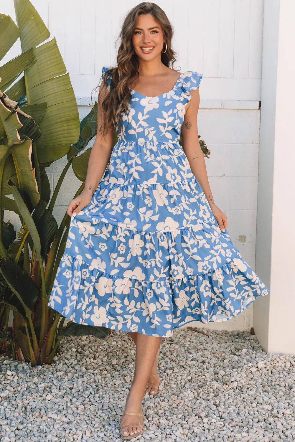 Henley Floral U Neck Flutter Shoulder Tiered Midi Dress Threaded Pear