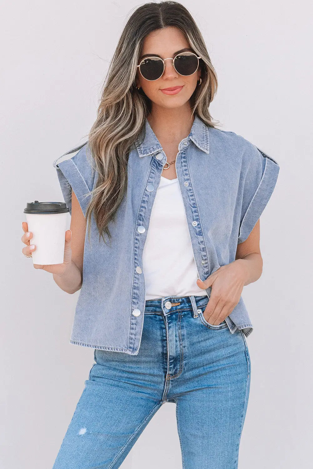 Emelia Denim Pinup Folded Cap Sleeve Shirt Threaded Pear