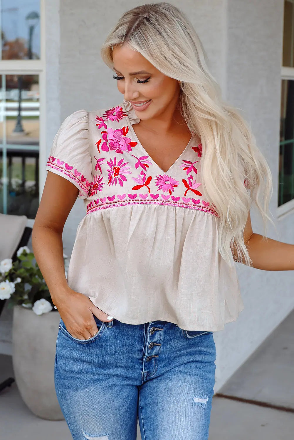 Jaliyah Floral Embroidered Notched V Neck Blouse Threaded Pear
