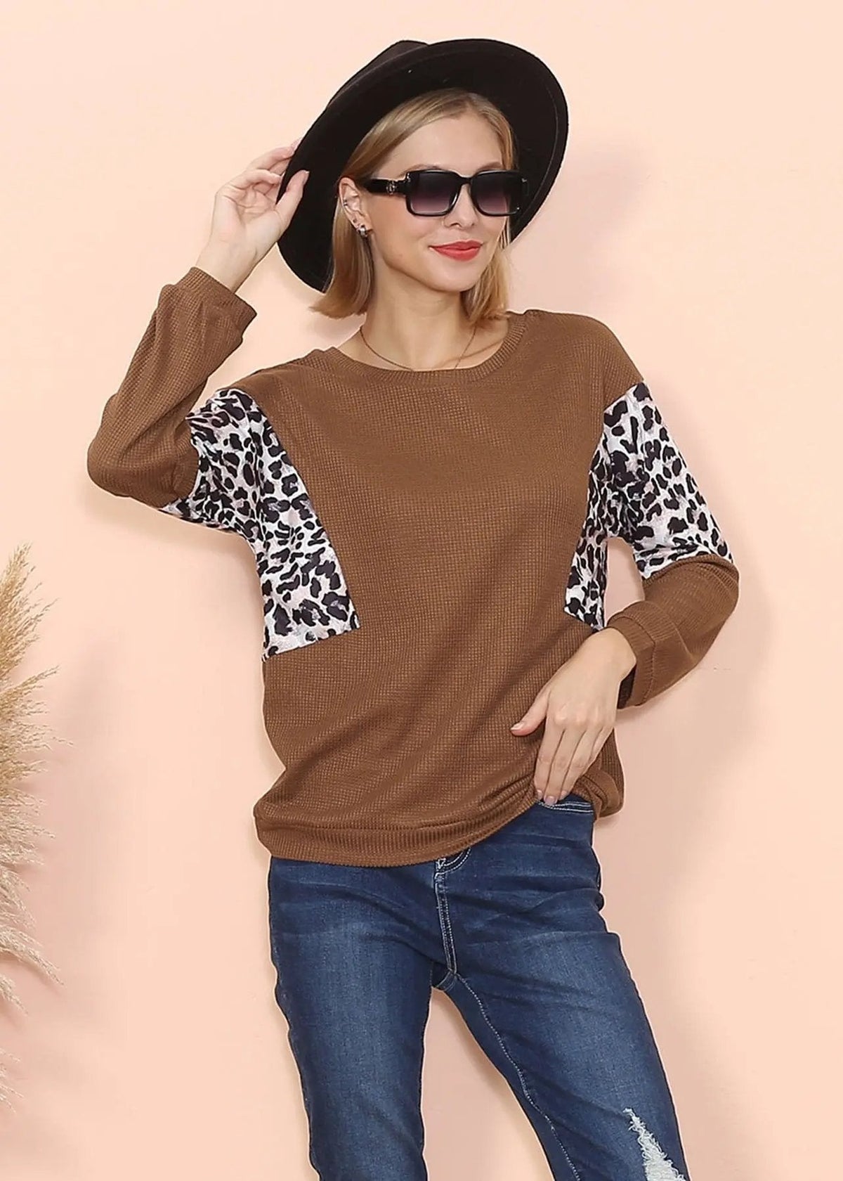 Drop Shoulder Two Tone Leopard Sweater - Get it from Bo