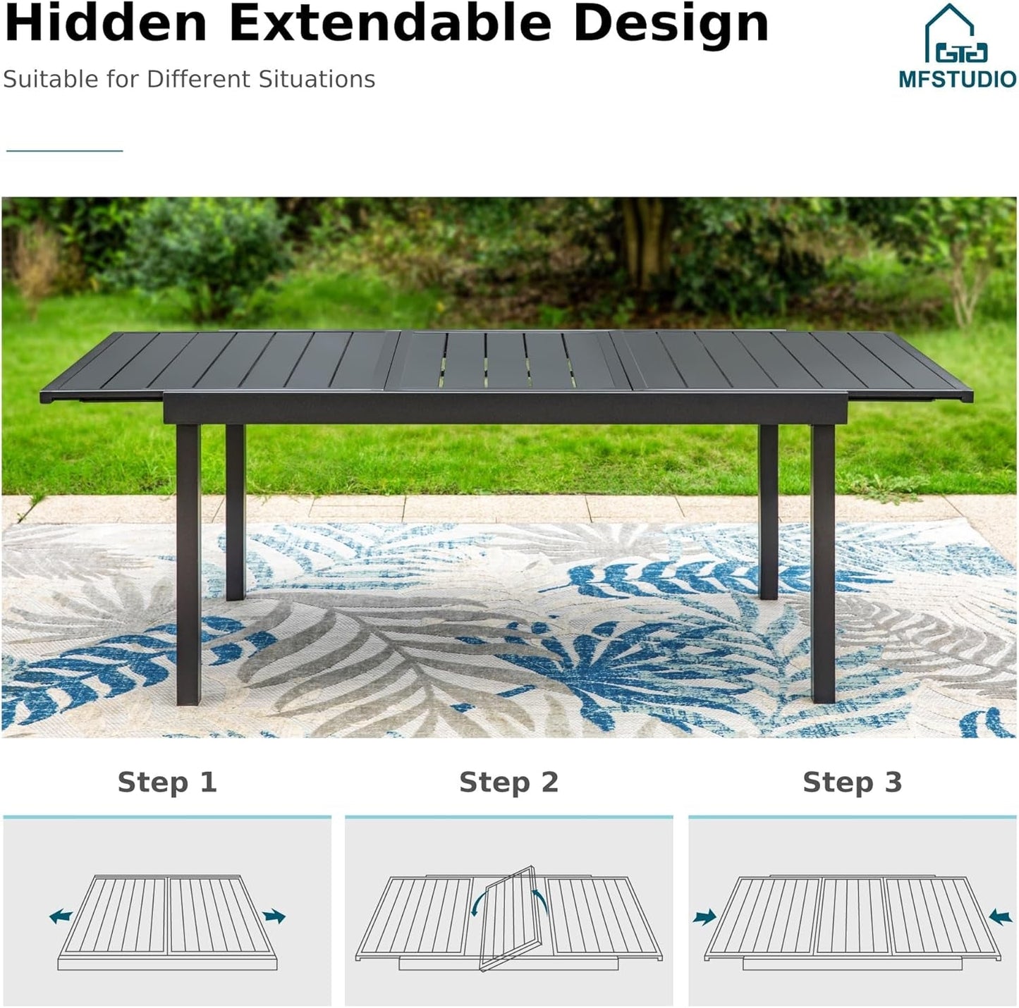 9-Piece Metal Outdoor Patio Dining Furniture Set 8 Sling Dining Swivel Chairs and 1 Expandable Outdoor Dining Rectangle Table, Blue ShipItFurniture