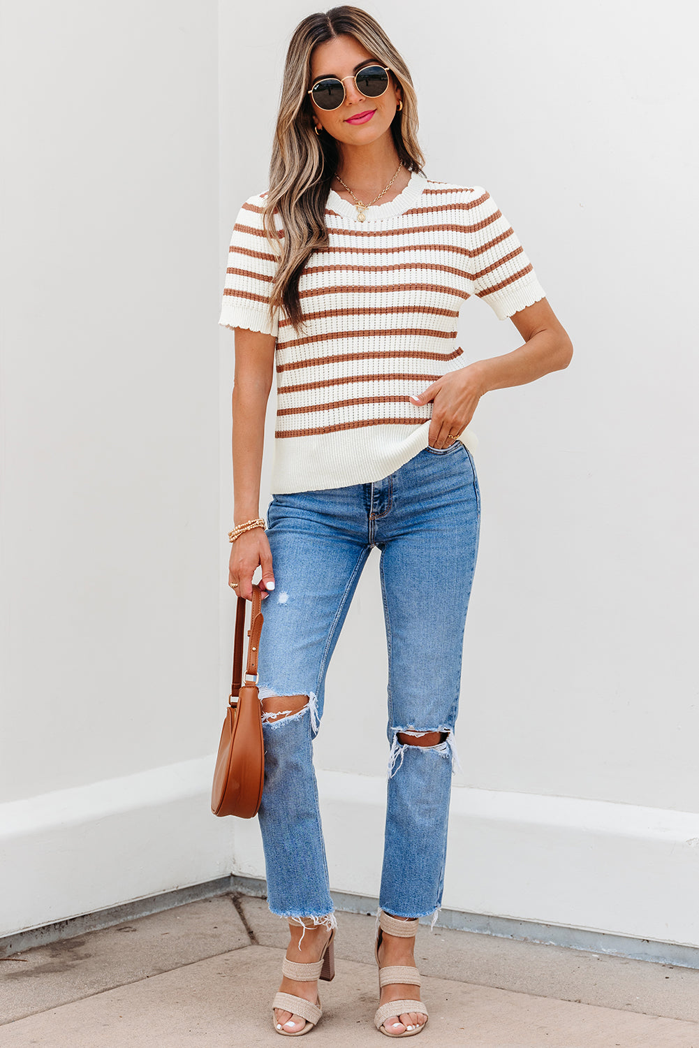 Eloise Stripe Scalloped Round Neck Short Sleeve Sweater Threaded Pear