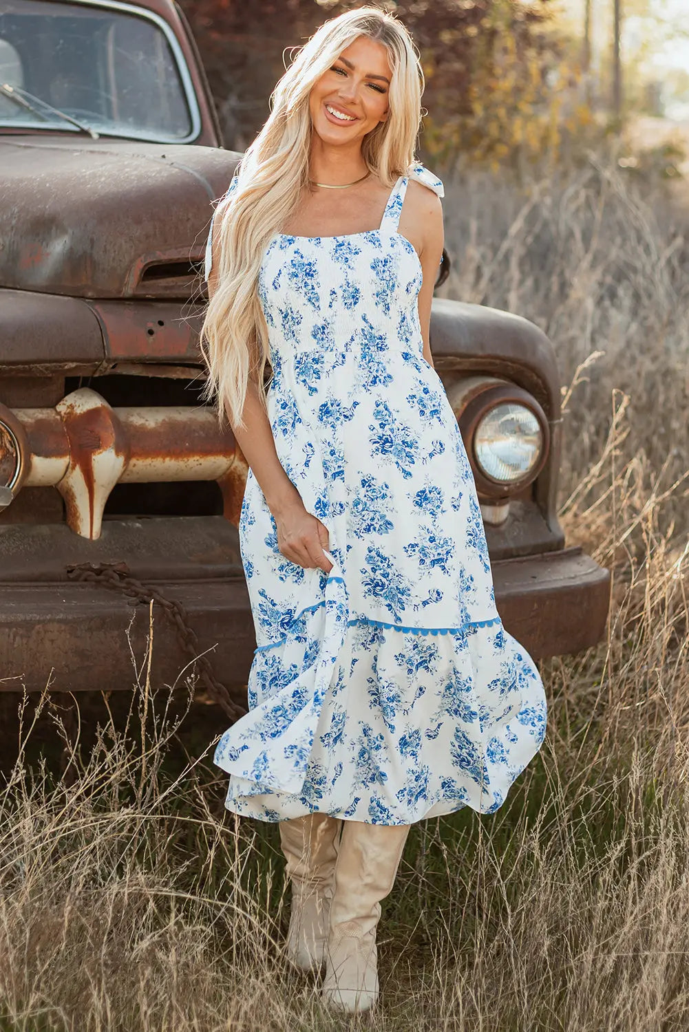Kai Floral Shirred Knot Shoulder Sleeveless Long Dress Threaded Pear