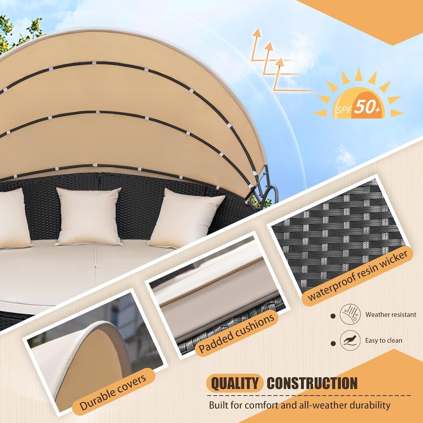 Beige Outdoor Daybed With Retractable Canopy And Comfort ShipItFurniture