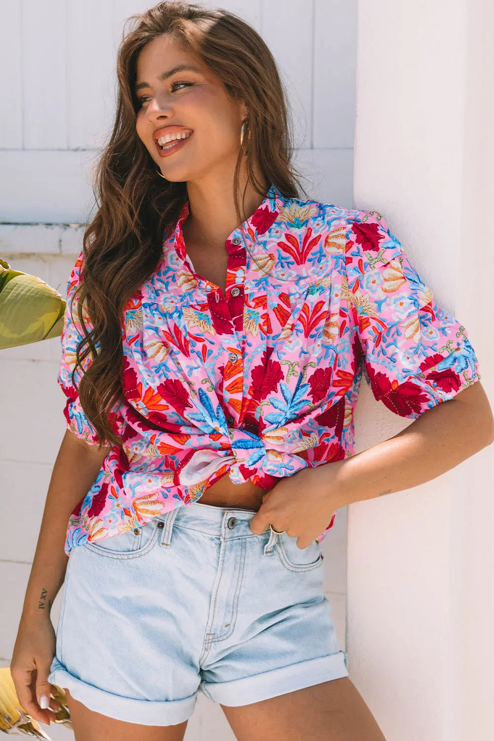 Mikaela Floral Bubble Sleeve Button Up Pleated Shirt Threaded Pear