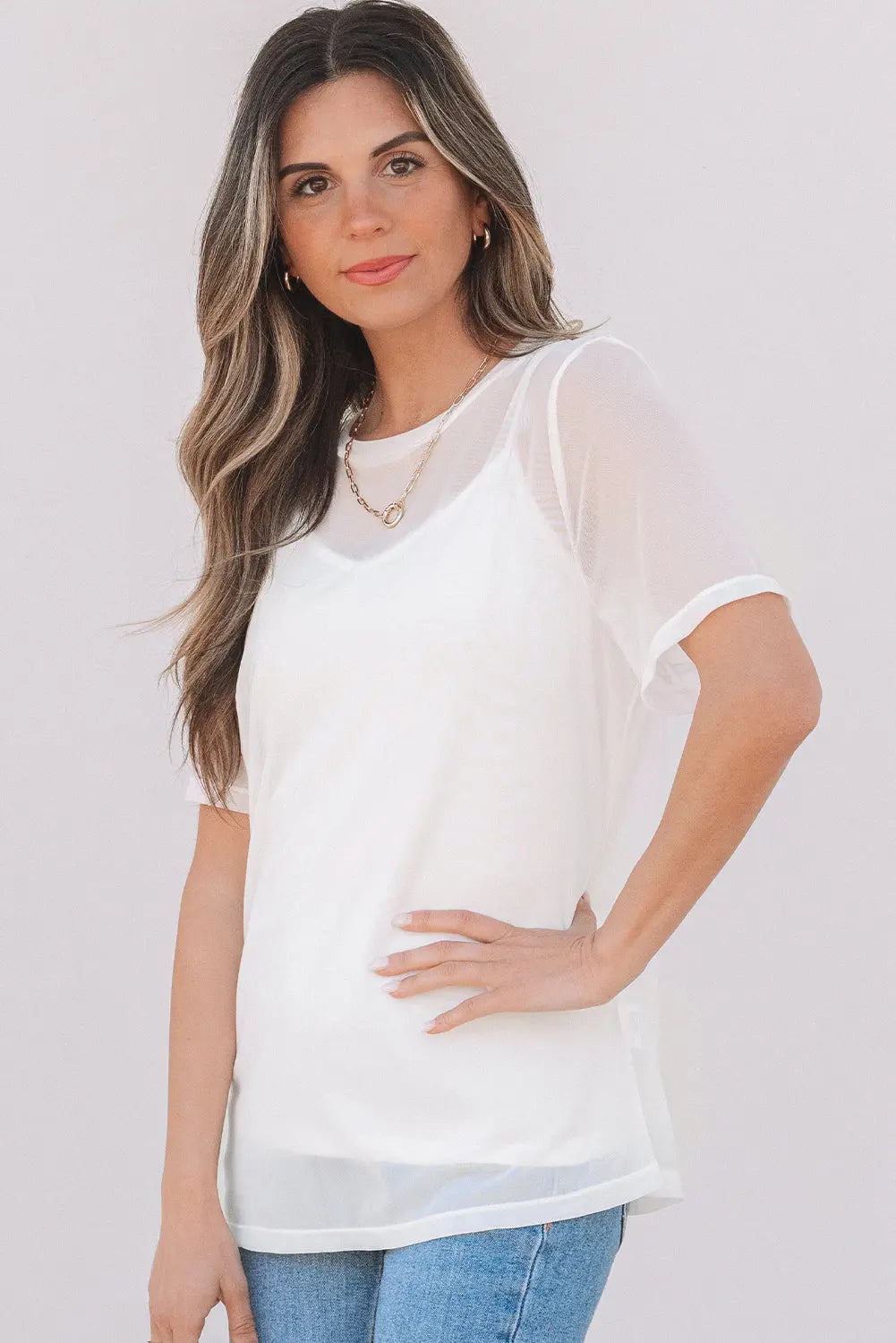 Miranda Sheer Mesh Short Sleeve Top Threaded Pear