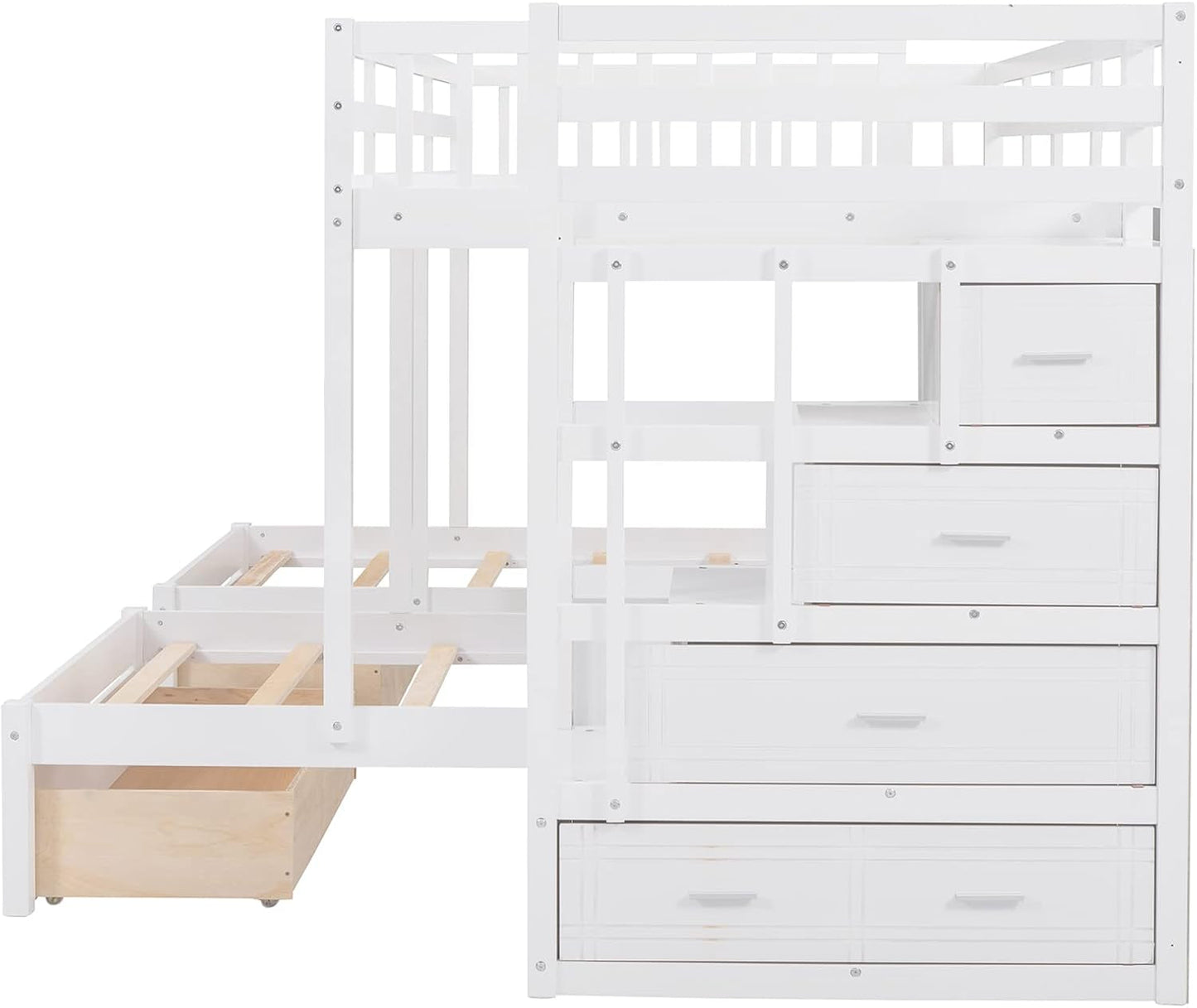 Triple Bunk Beds with Drawers, Wood Full over Twin & Twin Bunk Bed with Storage Staircase, Triple Bed for Kids,3 Bed Bunk Beds with Storage for Girls Boys,White ShipItFurniture