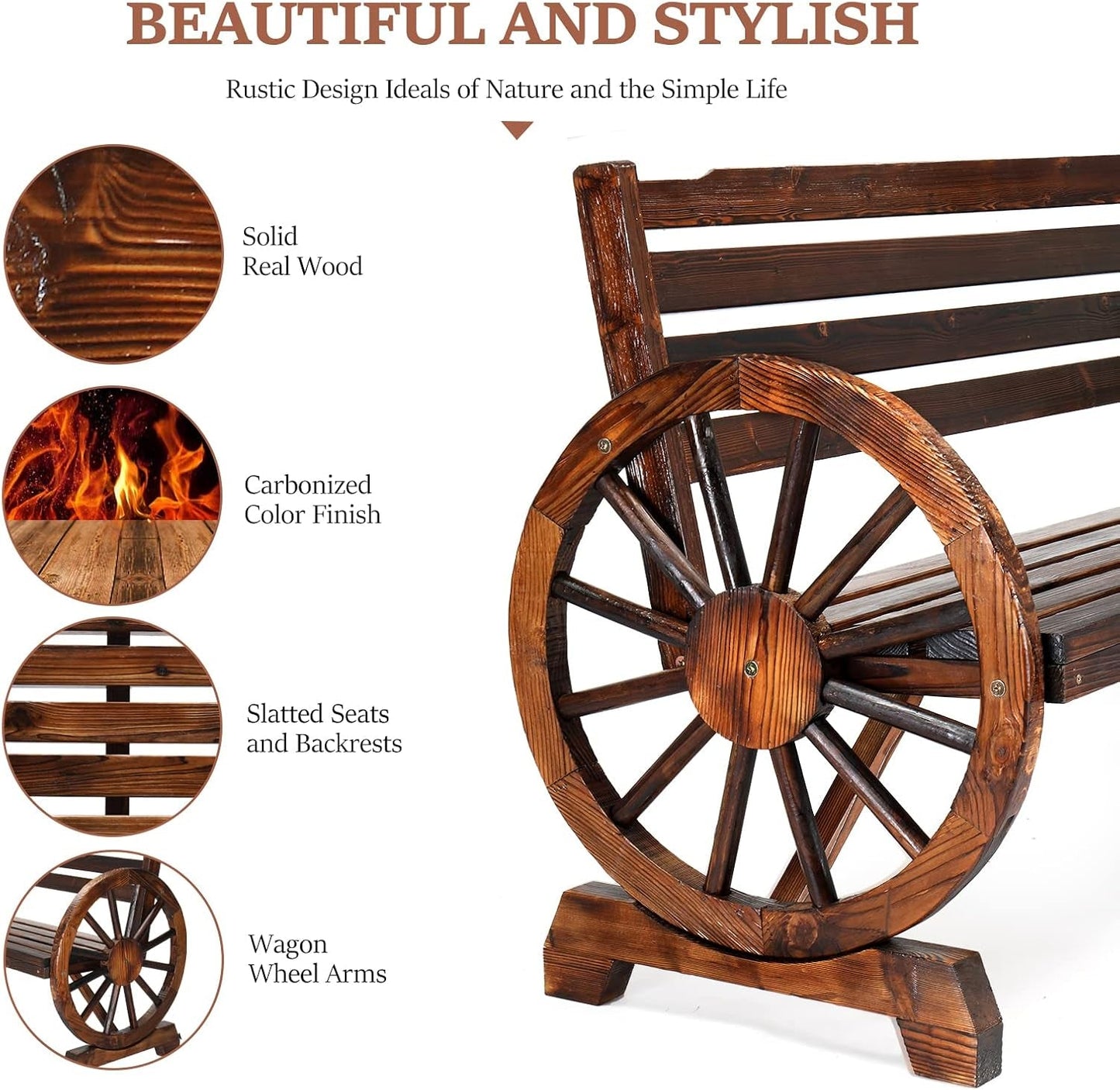 Rustic Wooden Garden Bench with Wagon Wheel Arms ShipItFurniture