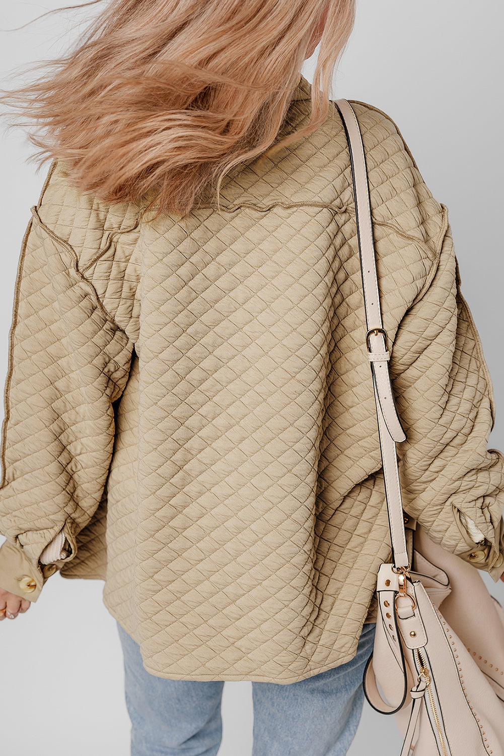 Celeste Quilted Puffer Buttoned Shacket Threaded Pear