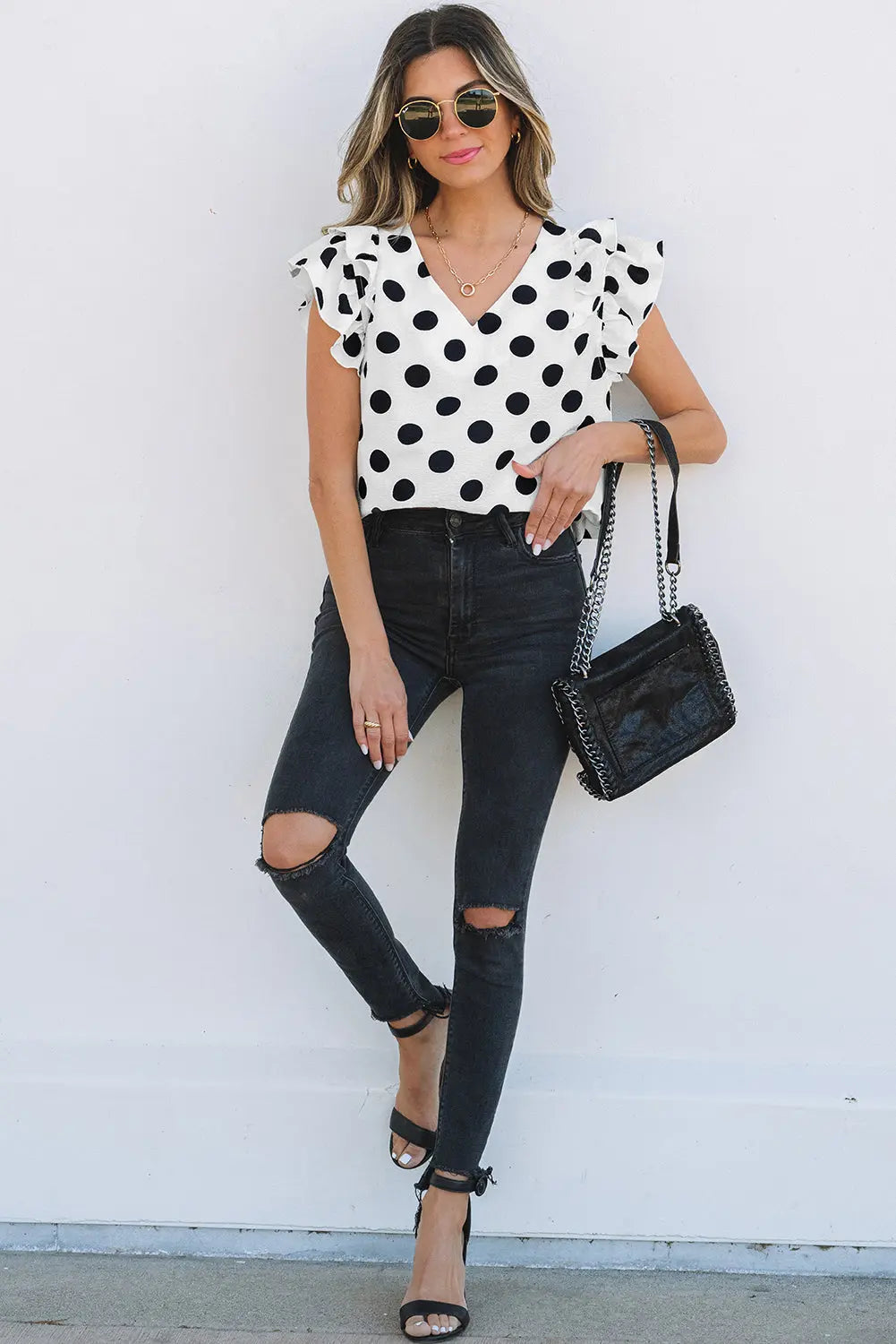 Halo Polka Dot Ruffled Sleeve V Neck Blouse Threaded Pear