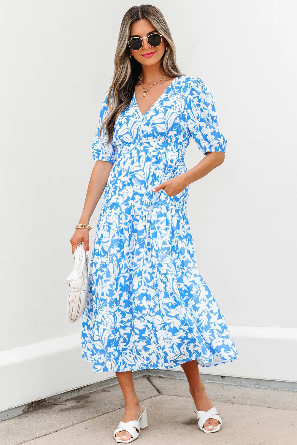 Shannon Floral V Neck Long Dress Threaded Pear