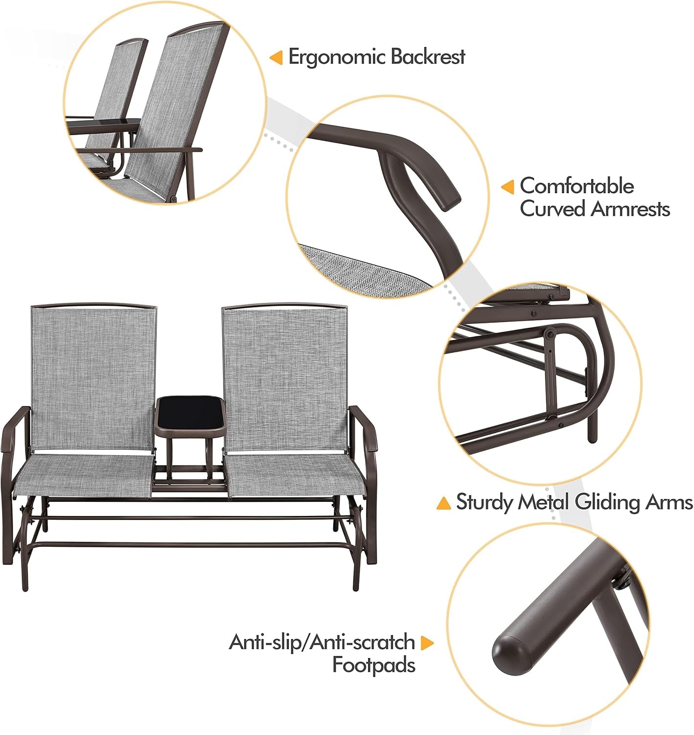 Two-Seat Outdoor Glider Bench with Center Table ShipItFurniture