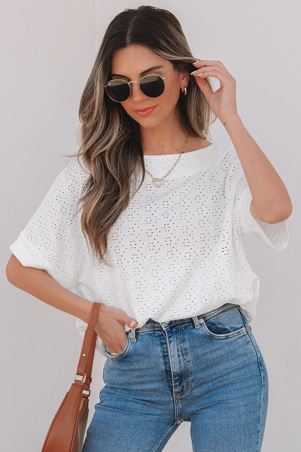 Faye Eyelet Pattern Casual Top Threaded Pear