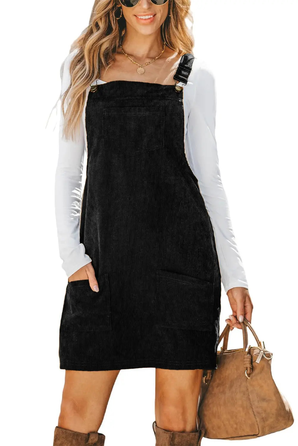 Alexis Front Pockets Corduroy Overall Dress. Threaded Pear