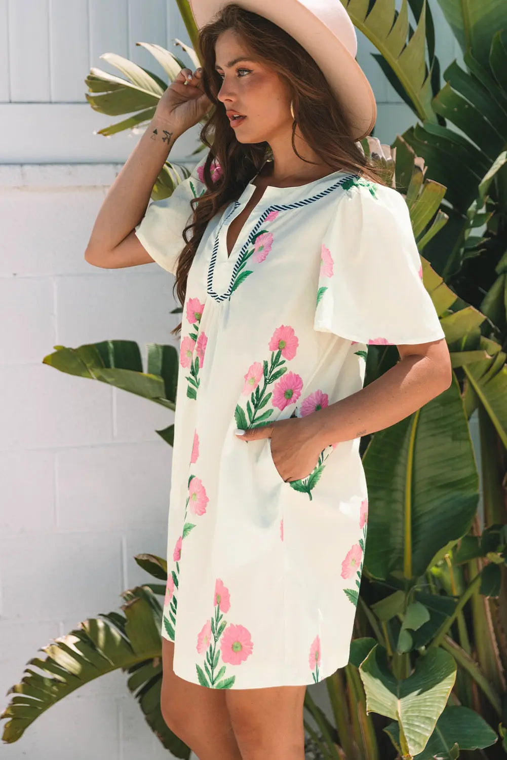 Paloma Floral Short Sleeve Split Neck Loose Mini Dress Threaded Pear