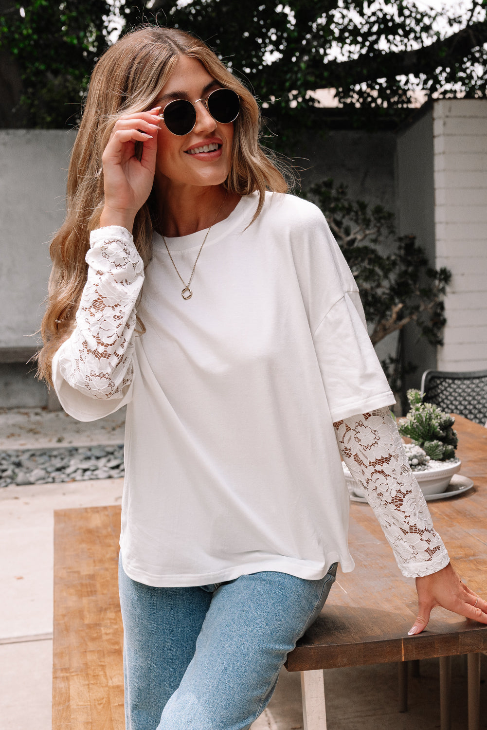 Hallie Lace Long Sleeve Insert Drop Shoulder Top Threaded Pear