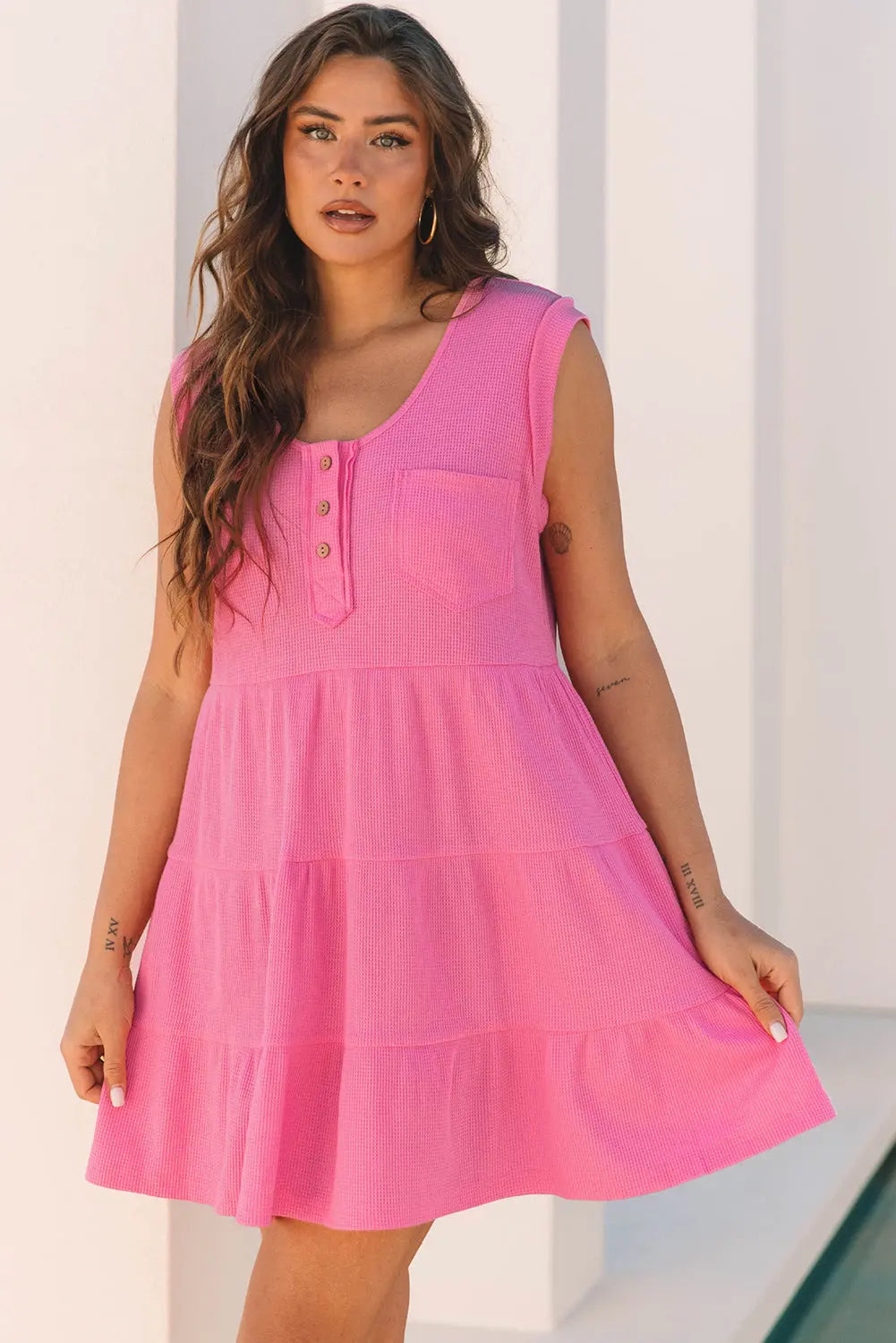 Averie Waffle Textured Button Round NeckDress Threaded Pear