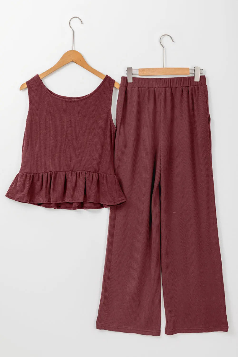 Teresa Ribbed Ruffle Tank Top and Pants Set Threaded Pear