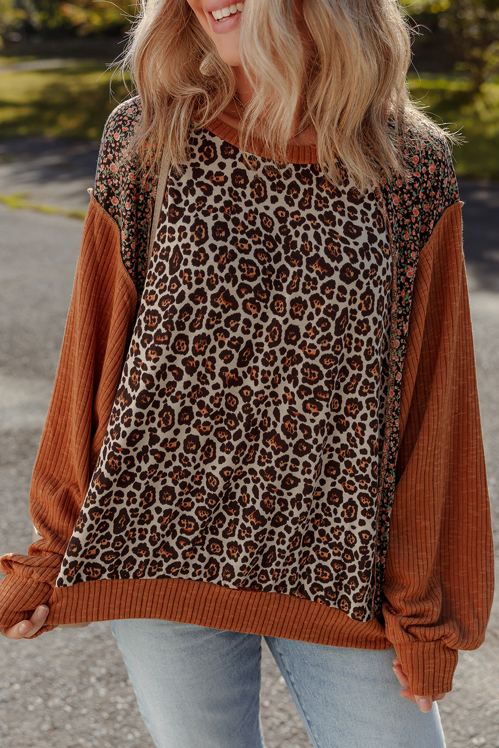 Natalie Leopard & Floral Patchwork Loose Top Threaded Pear
