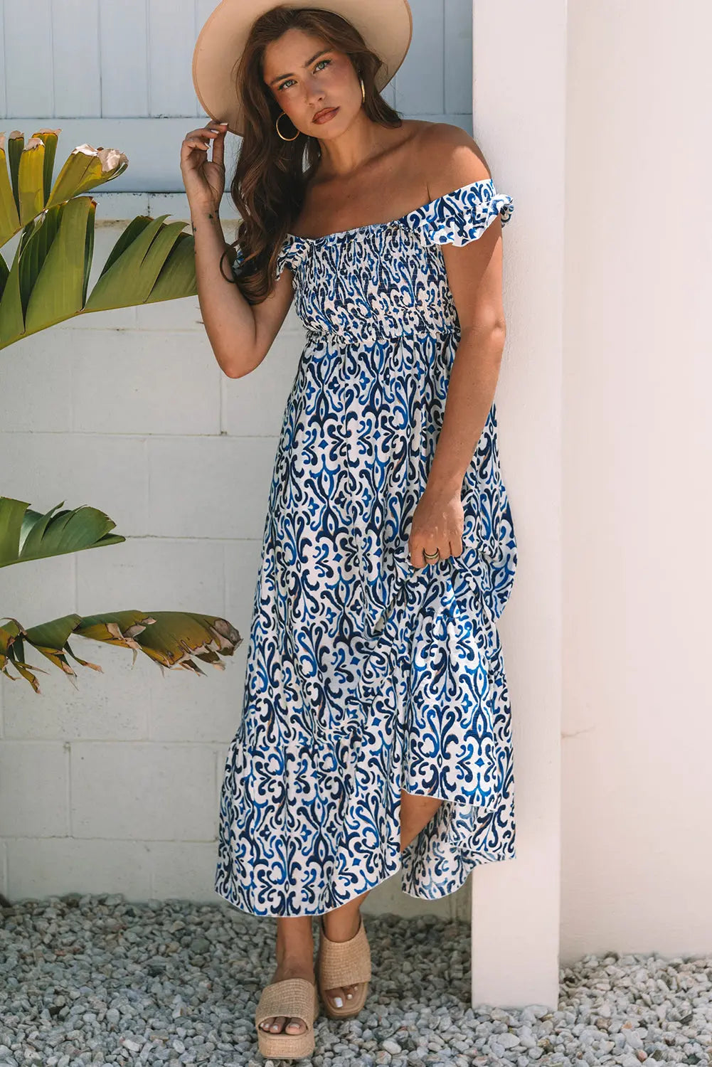 Malka Boho Smocked High Waist Maxi Dress Threaded Pear
