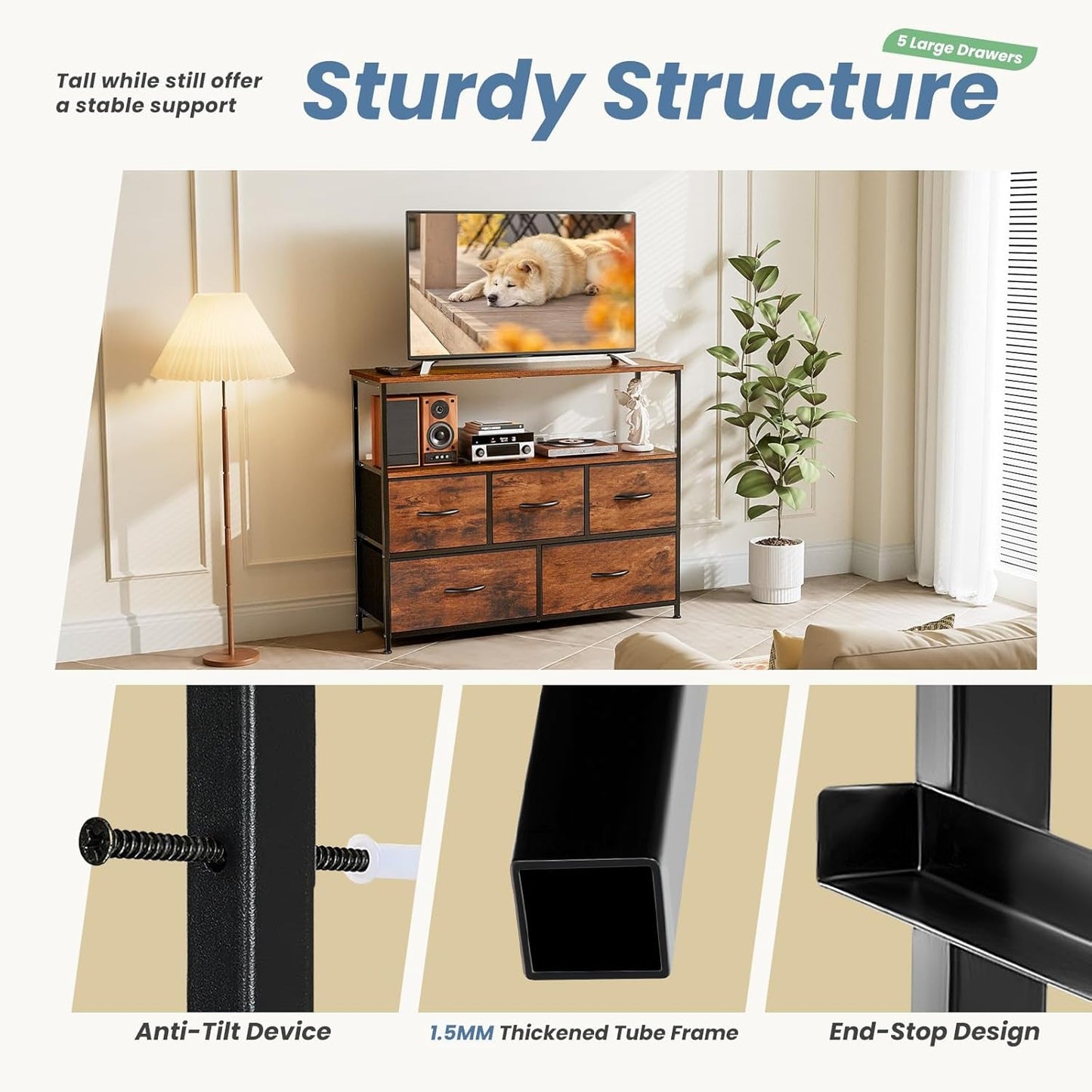 TV Stand Dresser With 5 Fabric Drawers For 45 Inch TV Brown