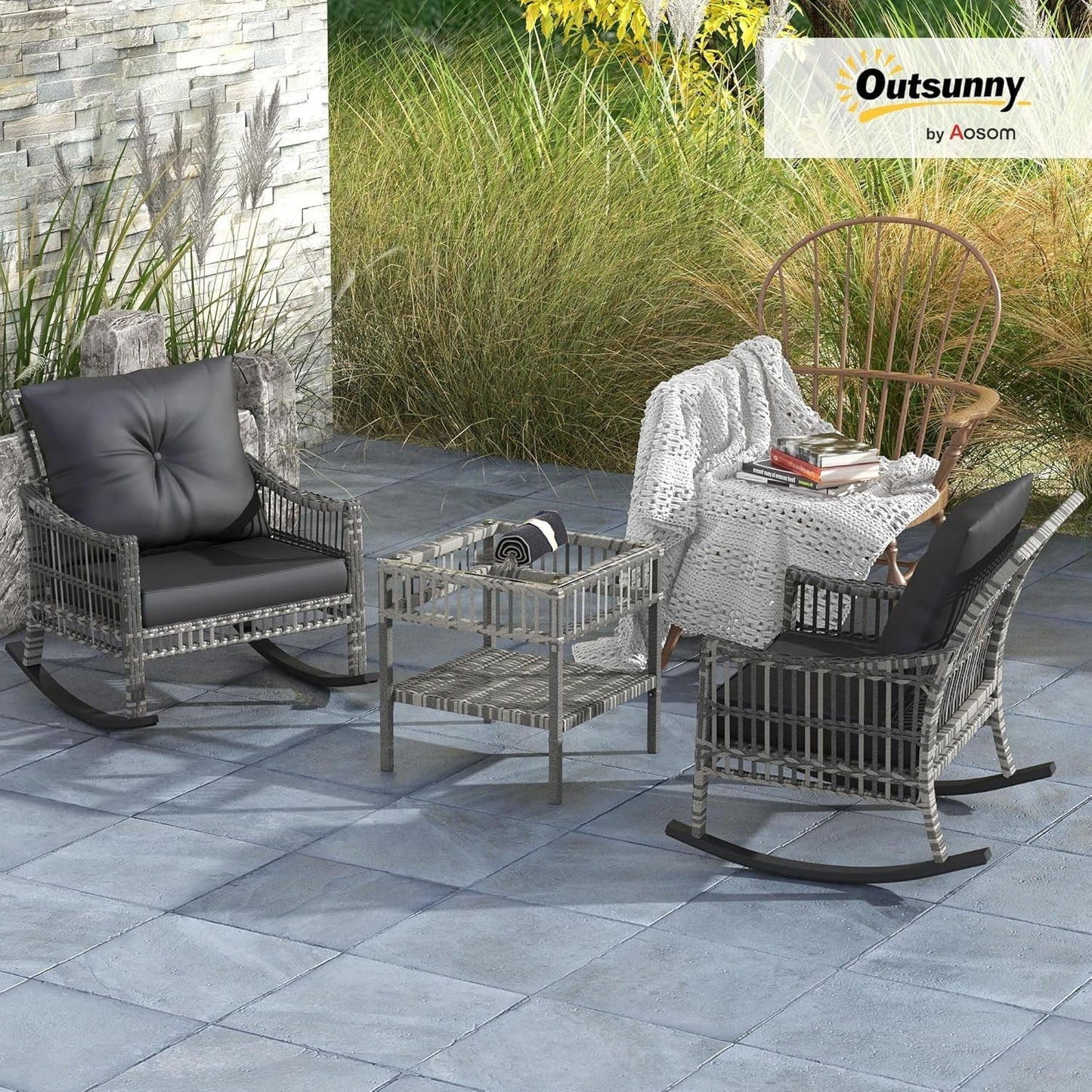 Wicker Outdoor Rocking Chair Set with Storage Table ShipItFurniture