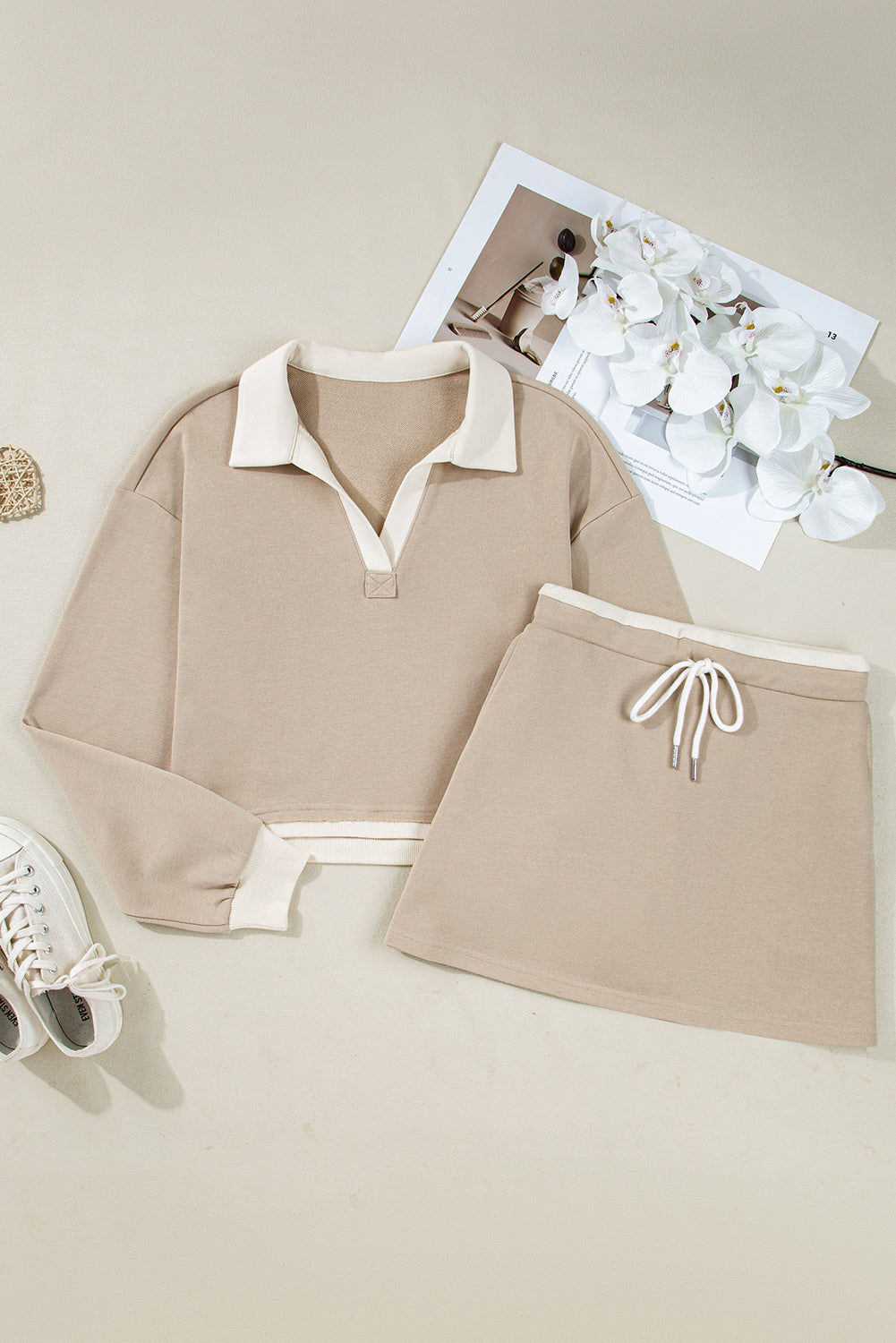 Valerie Cropped Pullover Drawstring Skirt Set Threaded Pear