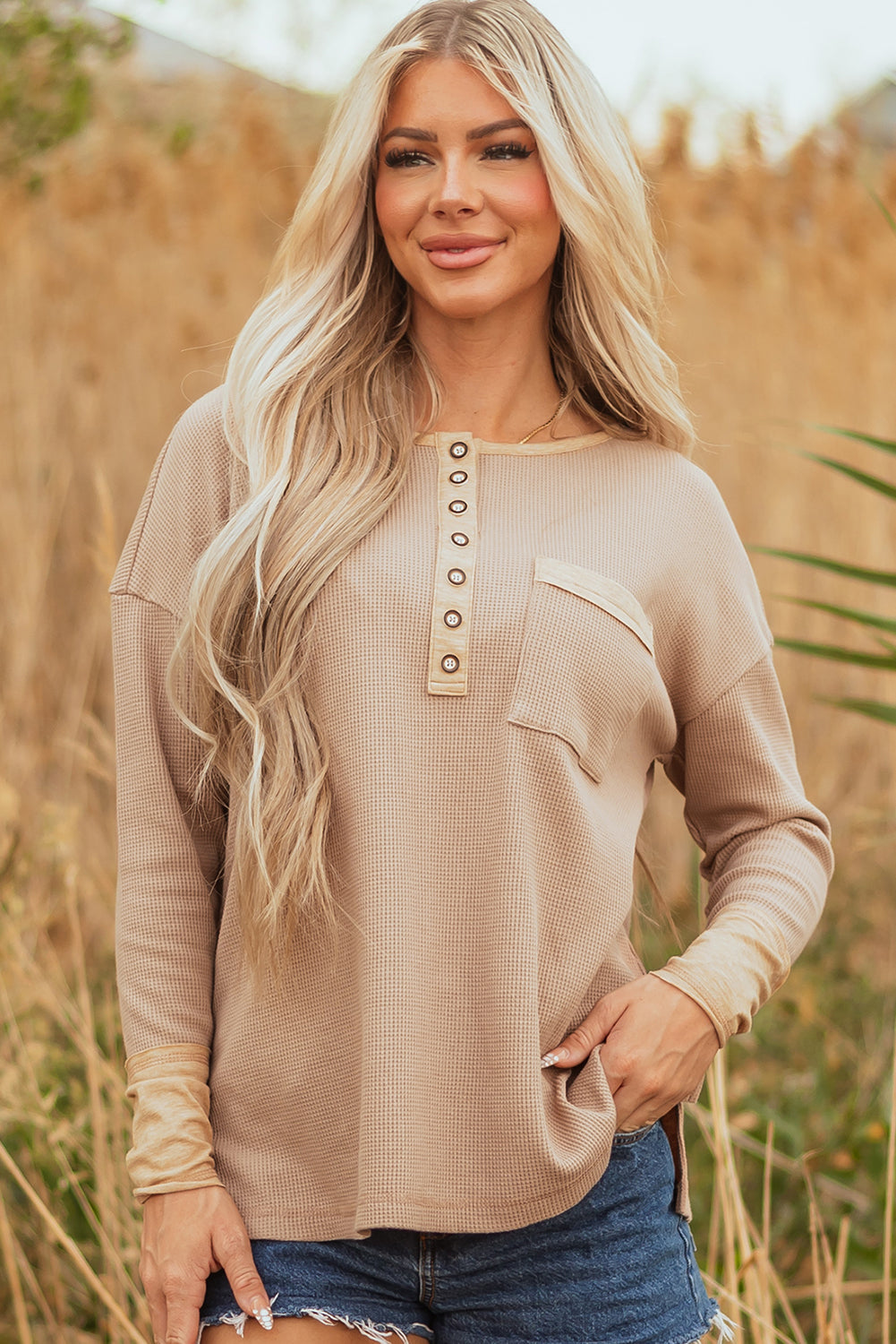 Blake Waffle Textured Tunic Henley Top with Slits Threaded Pear