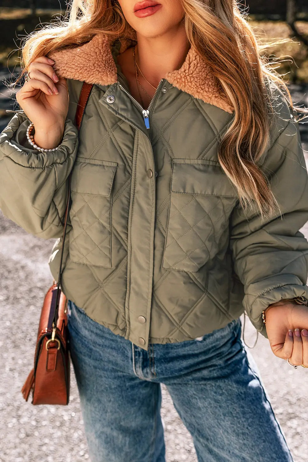Teddy Collar Flap Pockets Quilted Puffer Jacket Threaded Pear