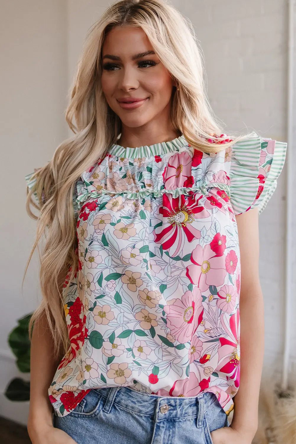 Anne Floral Ruffle Trim Short Sleeve Blouse Threaded Pear