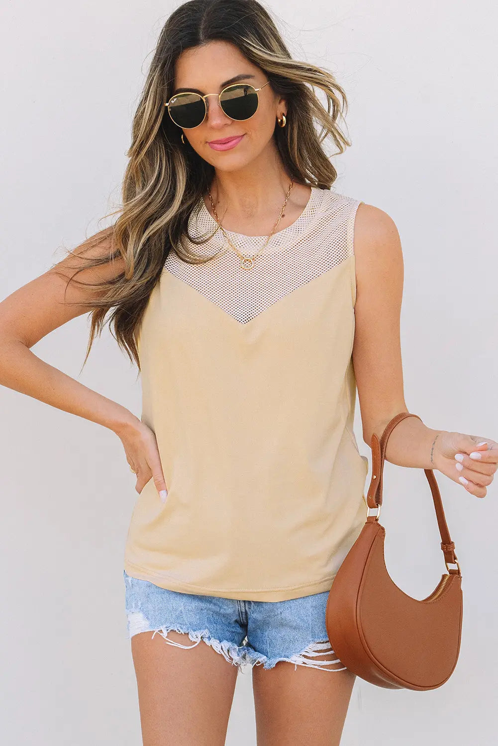 Milena Mesh Patchwork Crew Neck Tank Top Threaded Pear