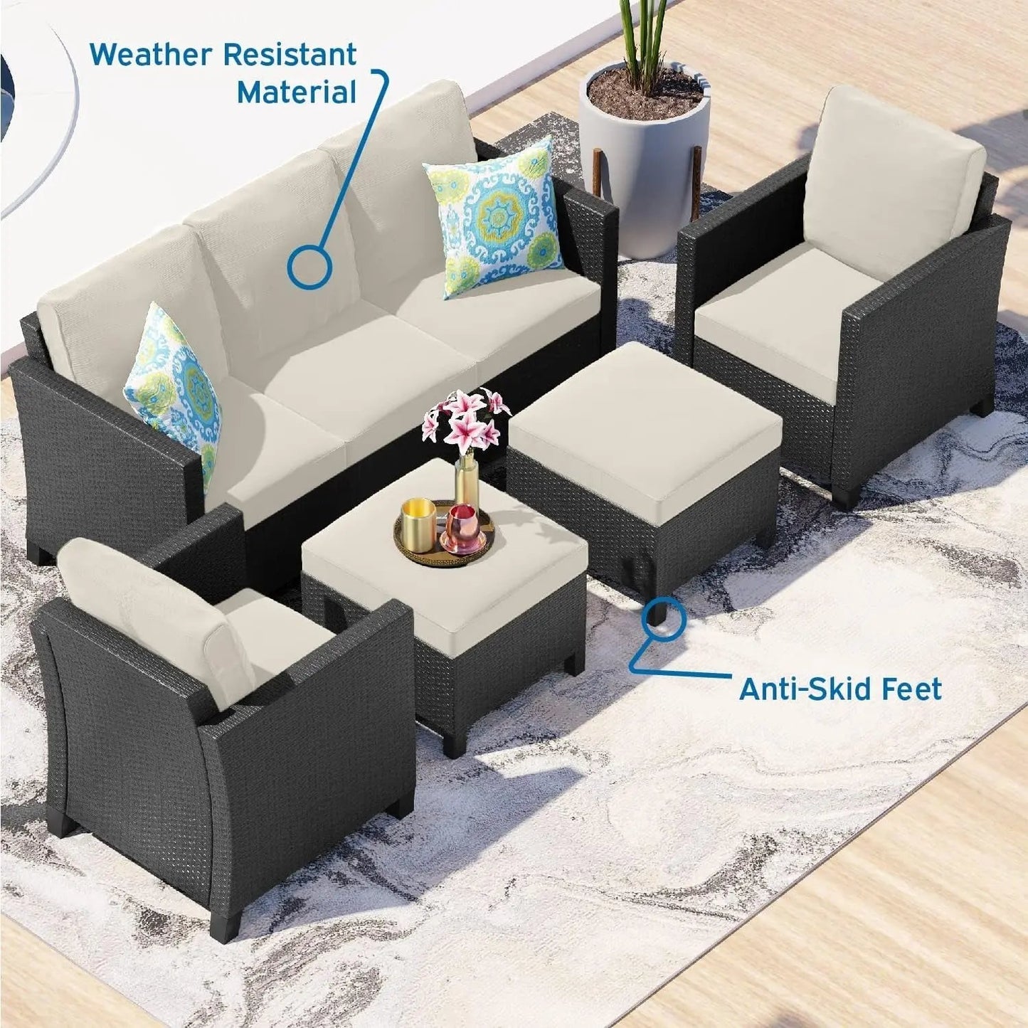 Patio Furniture Set - Outdoor Patio Furniture Sets, Patio Sectional Furniture Set, 5 Piece Patio Furniture Sets, Patio Conversation Sets, Black Wicker Patio Furniture with off White Cushions-4