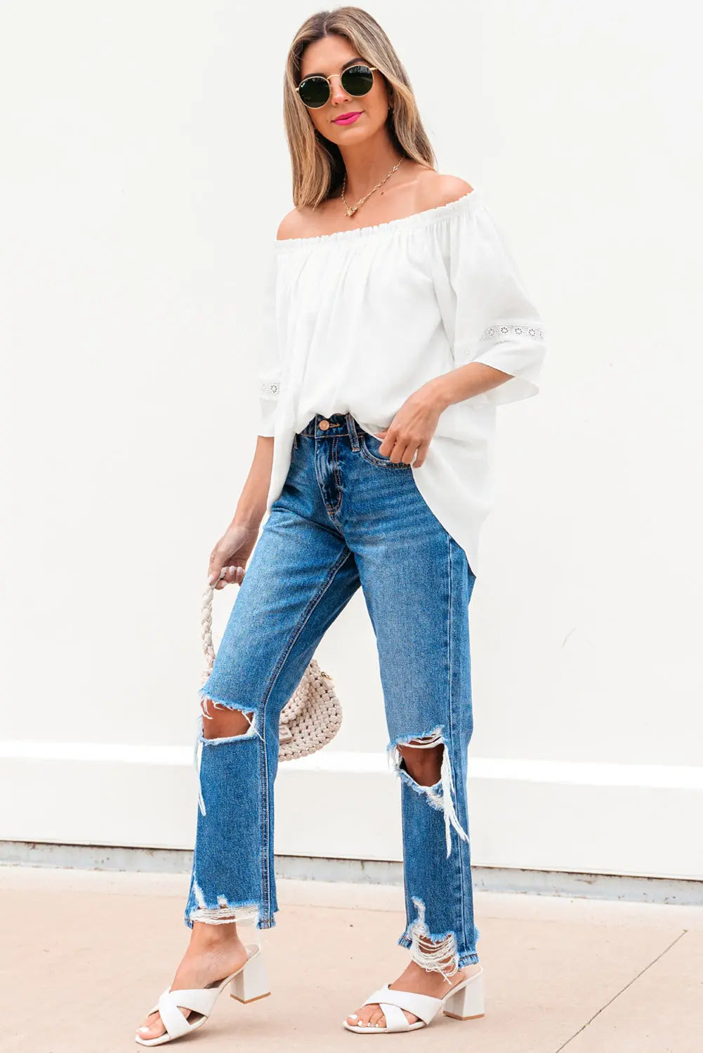 Bellamy Frilly Off Shoulder Lace Insert Sleeve Textured Blouse Threaded Pear