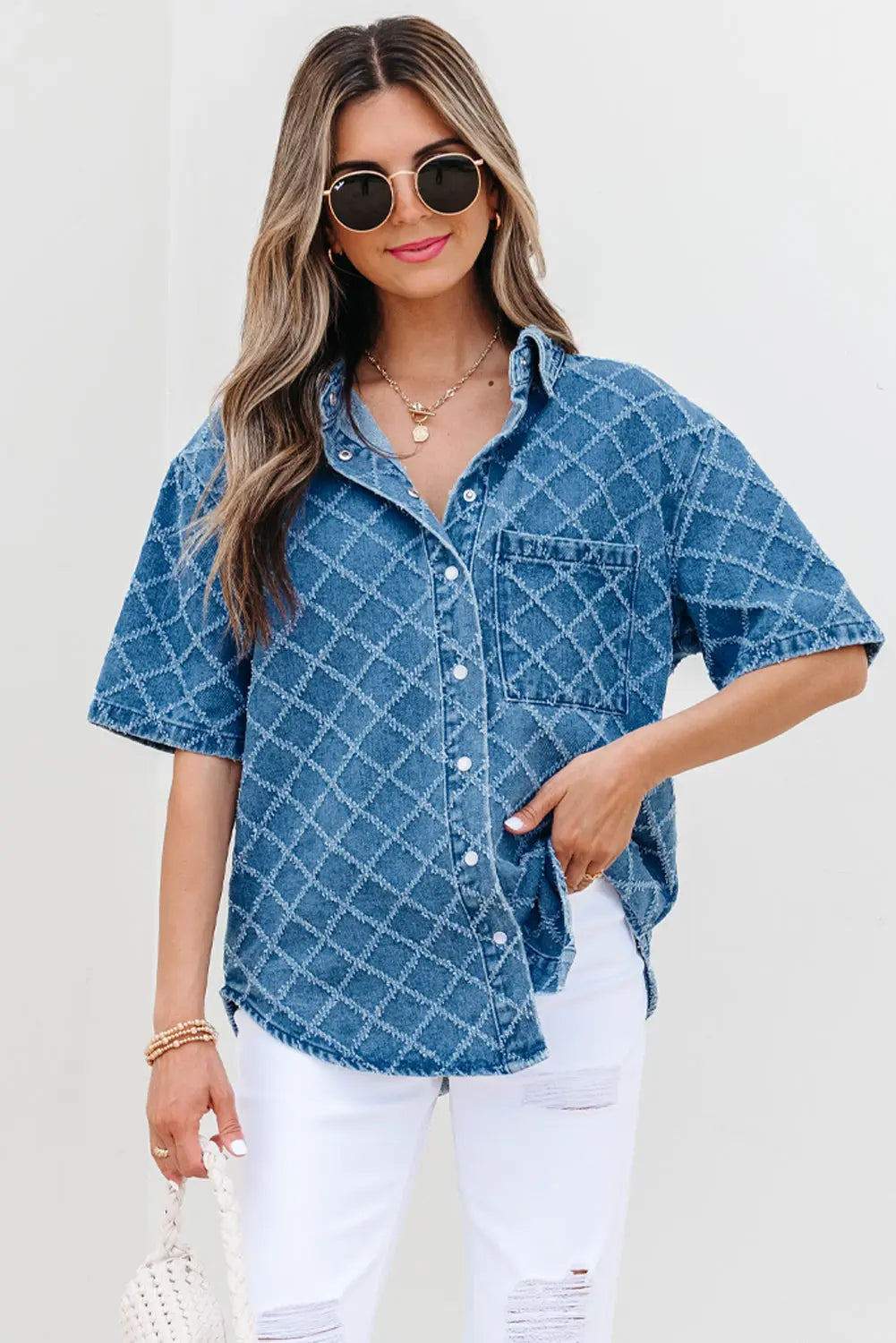 Violette Checkered Textured Short Sleeve Threaded Pear