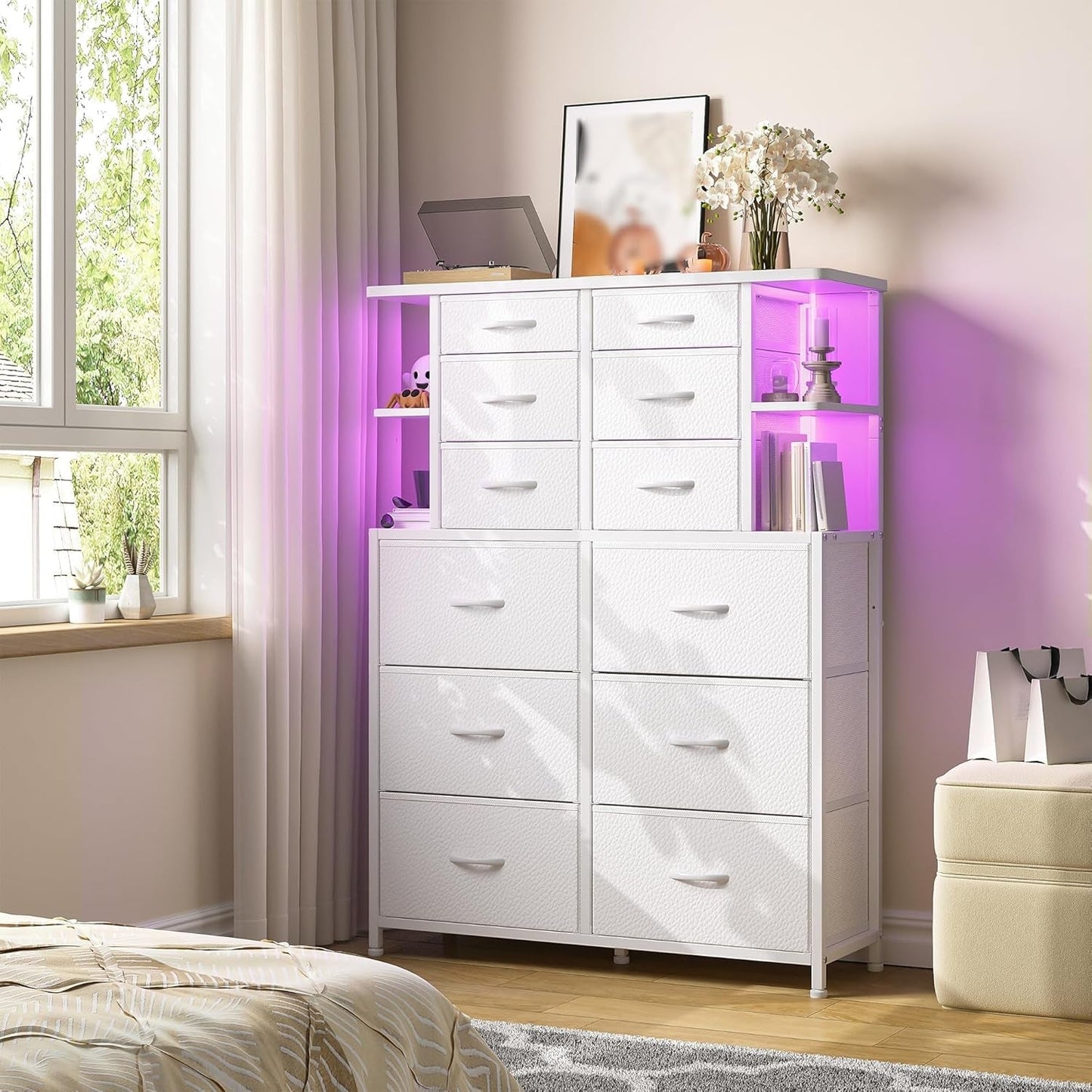Dresser for Bedroom with LED Lights, 12 Drawers Bedroom Dresser, Black Dresser and Tall Dresser with Open Shelves, Fabric Dressers & Chests of Drawers with Sturdy Metal Frame, White ShipItFurniture