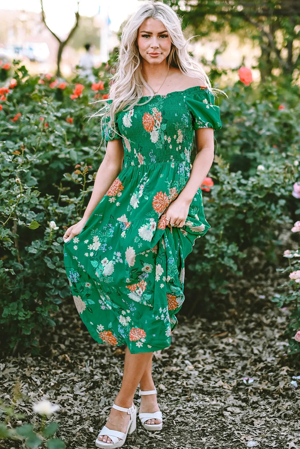 Kailany Floral Bubble Sleeve Smocked Tiered Midi Dress Threaded Pear