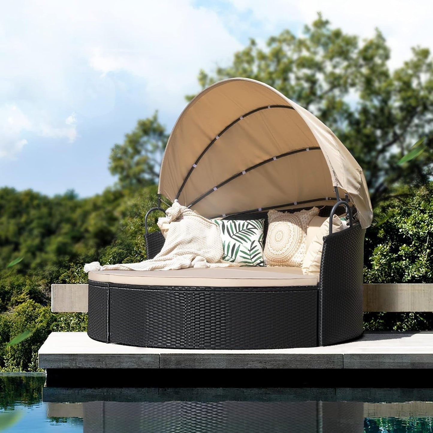 Beige Outdoor Daybed With Retractable Canopy And Comfort ShipItFurniture