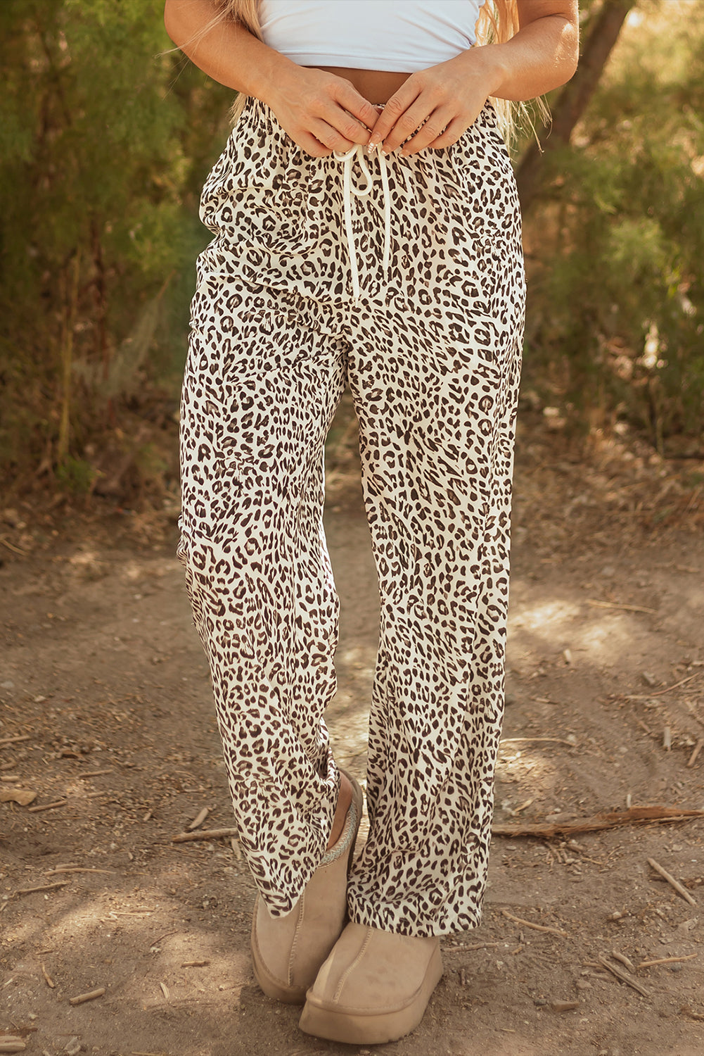 Mabel Leopard Drawstring Elastic Waistband Loose Pants Threaded Pear