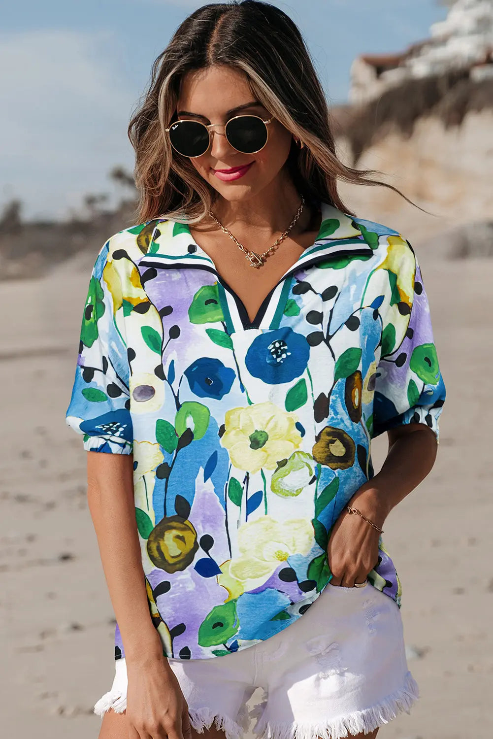 Adele Floral Slit V Neck Blouse Threaded Pear