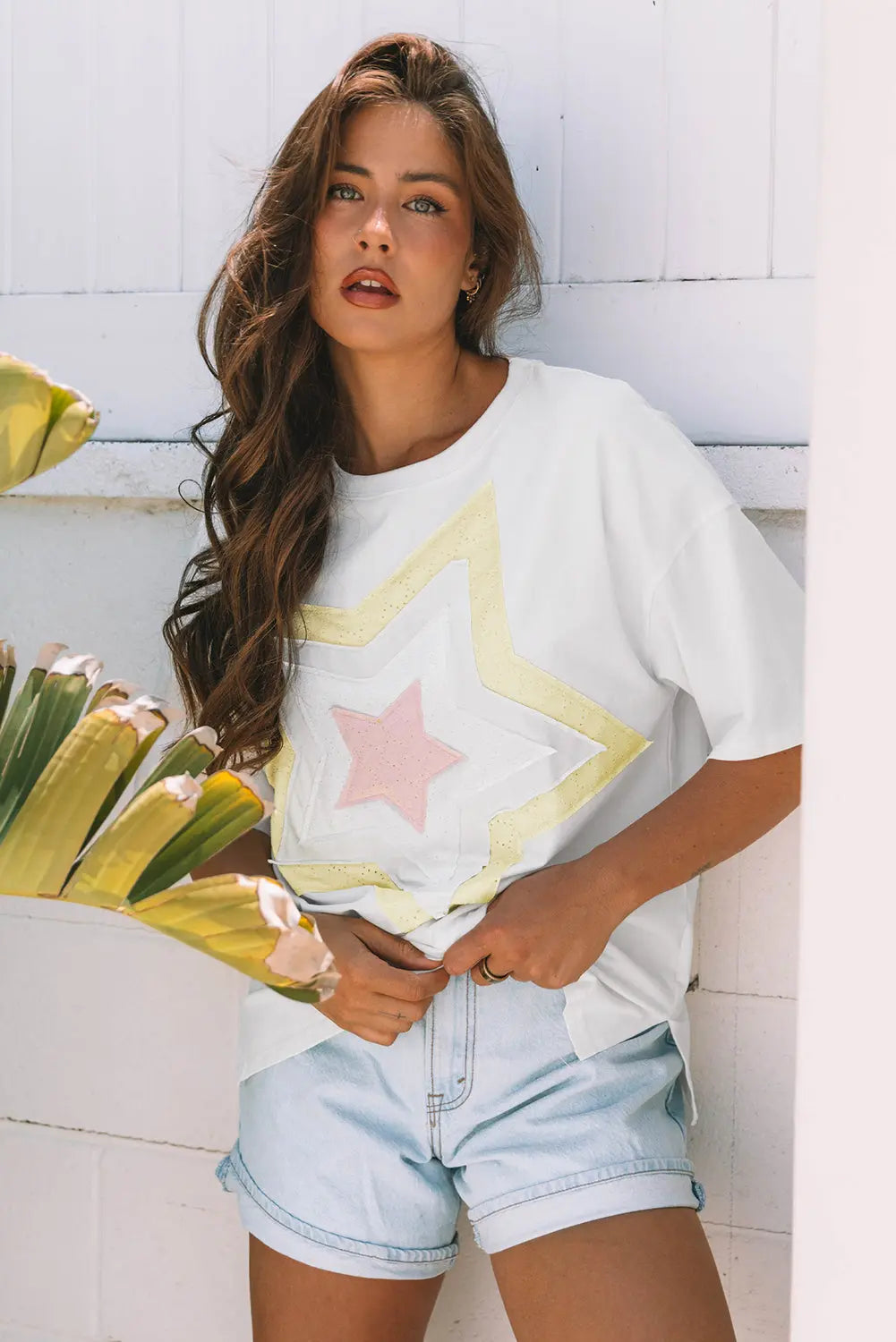 Lisa Layered Star Patched Half Sleeve Loose Top Threaded Pear