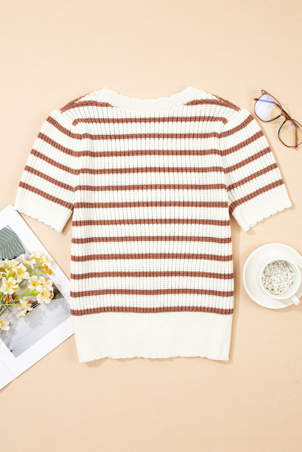 Eloise Stripe Scalloped Round Neck Short Sleeve Sweater Threaded Pear