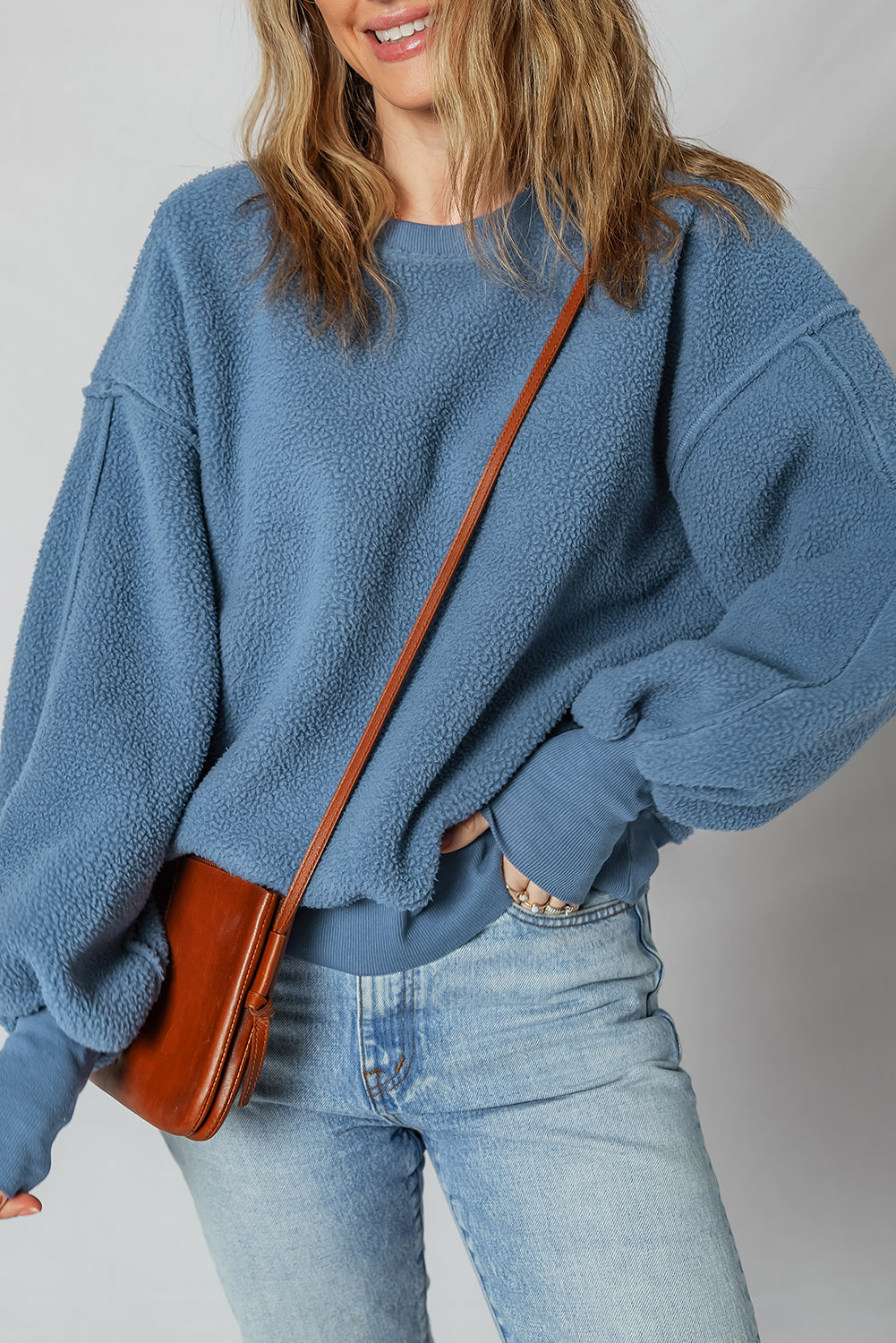 Kinsley Fleece Exposed Seam Casual Sweatshirt Threaded Pear