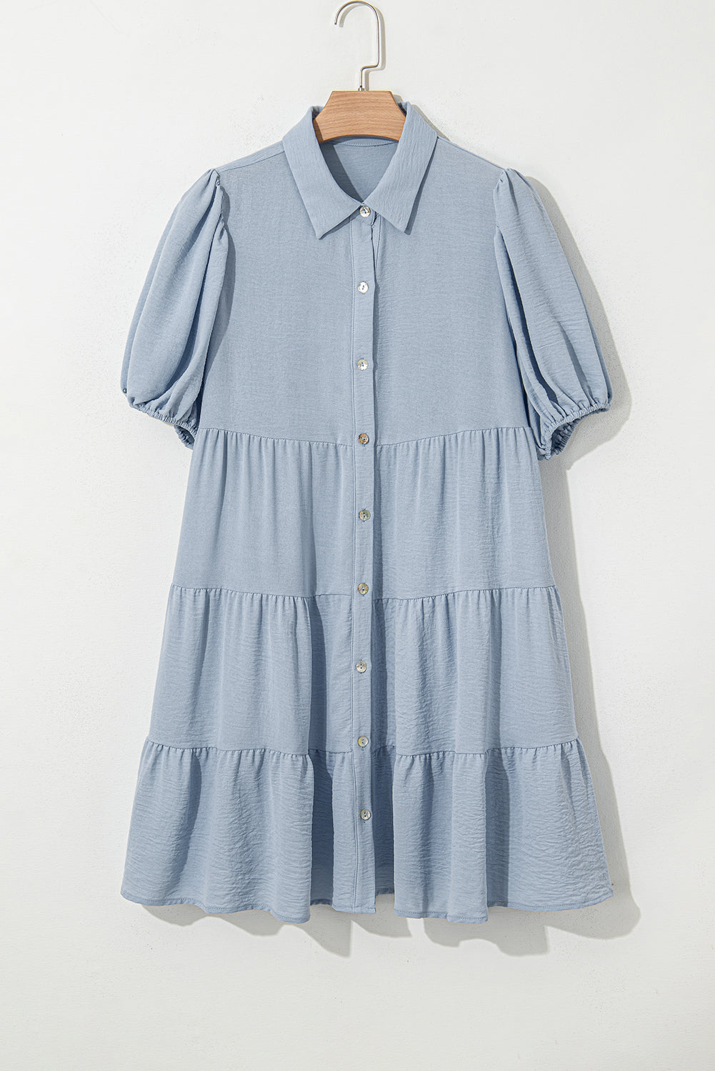 Arya Shirt Collar Button Up Puff Sleeve Tiered Dress Threaded Pear