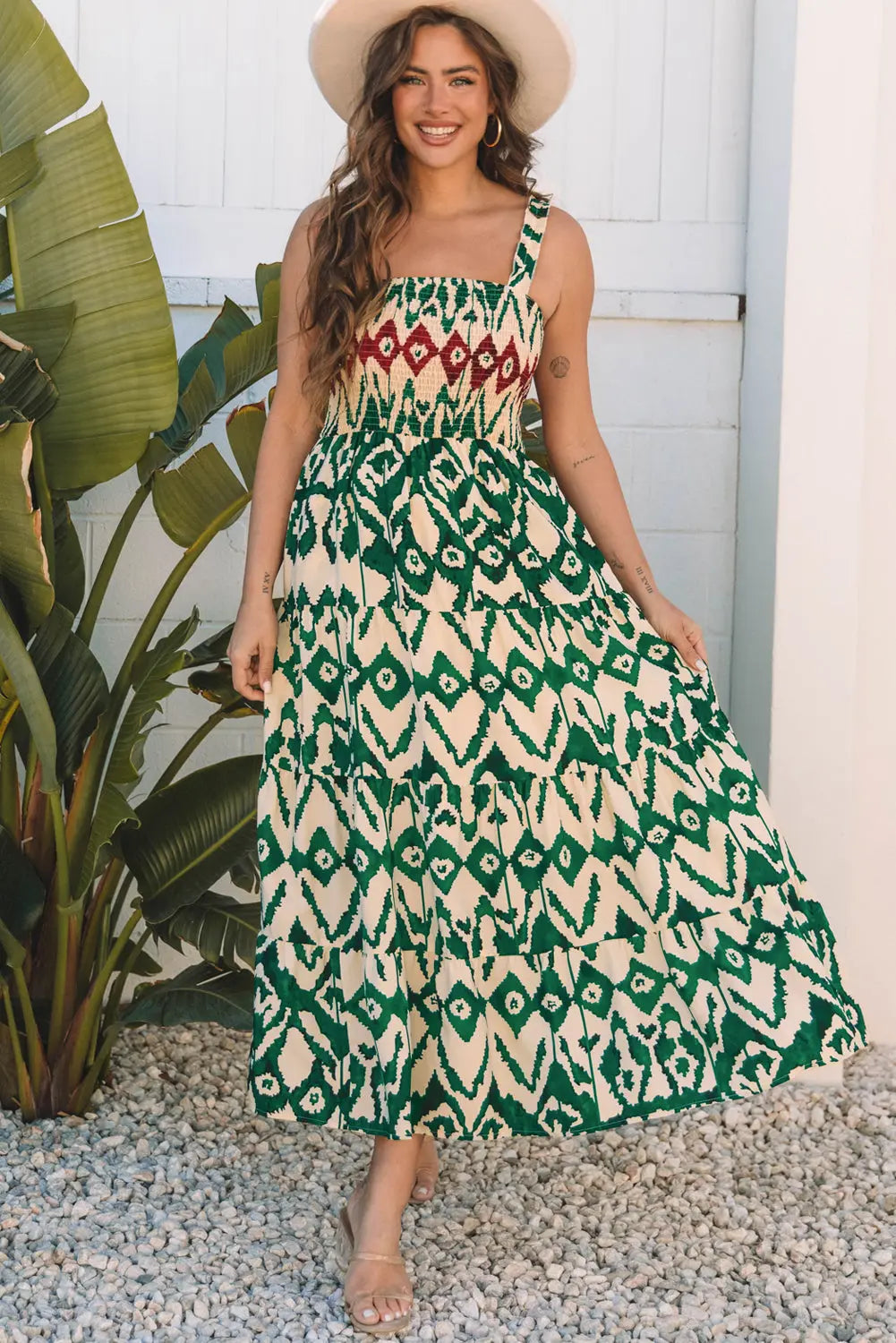 Sarahi Western Aztec Shirred A-line Sleeveless Maxi Dress Threaded Pear