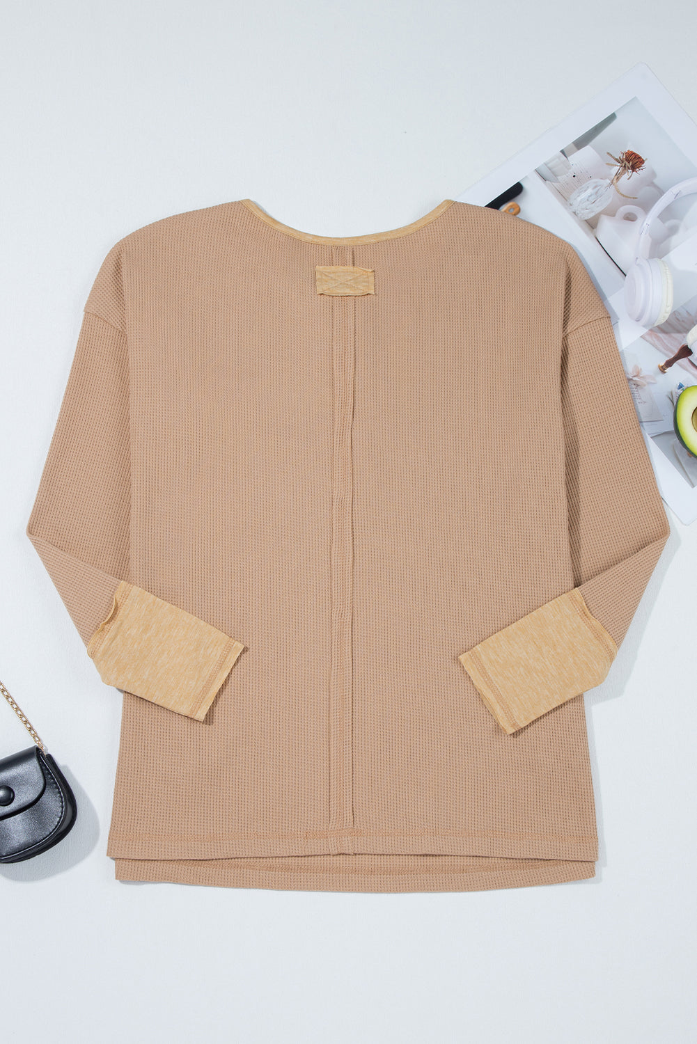 Blake Waffle Textured Tunic Henley Top with Slits Threaded Pear