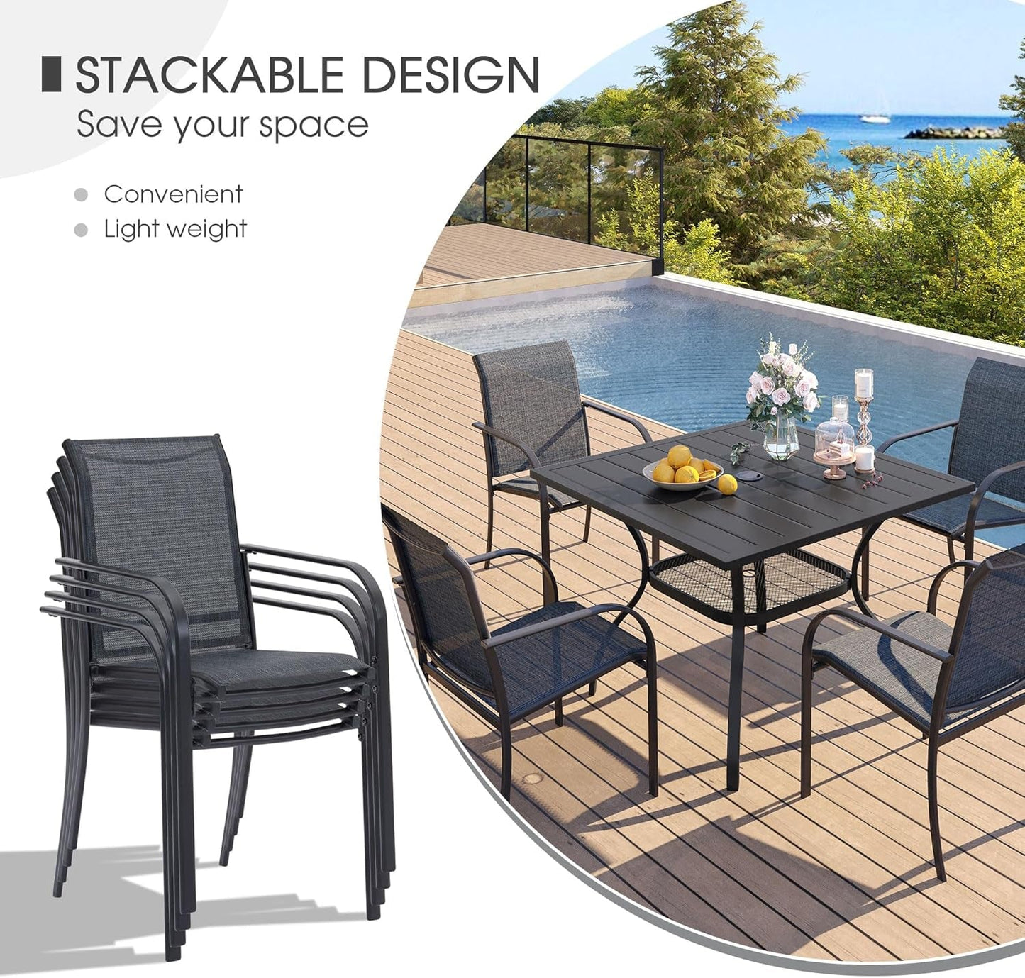 5 Pieces Patio Dining Set, Outdoor Furniture Set Includes 1 Square Patio Table and 4 Stackable Patio Sling Chairs, Outdoor Table and Chairs for Outsides, Black Table and Grey Chairs ShipItFurniture