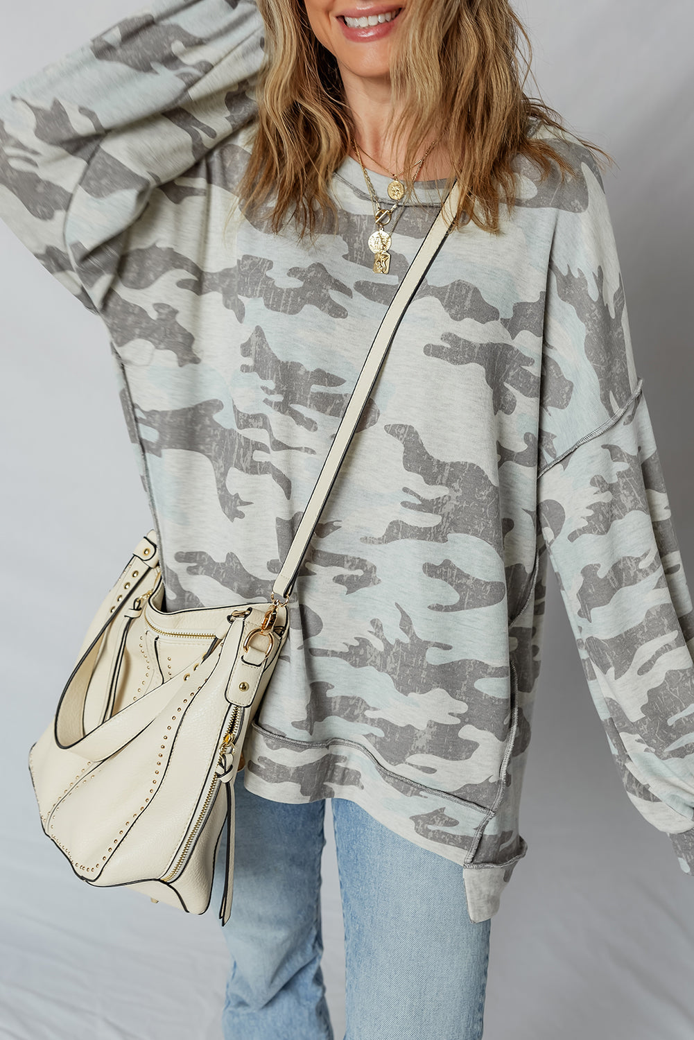 Retro Camouflage Exposed Seam Sweatshirt Threaded Pear