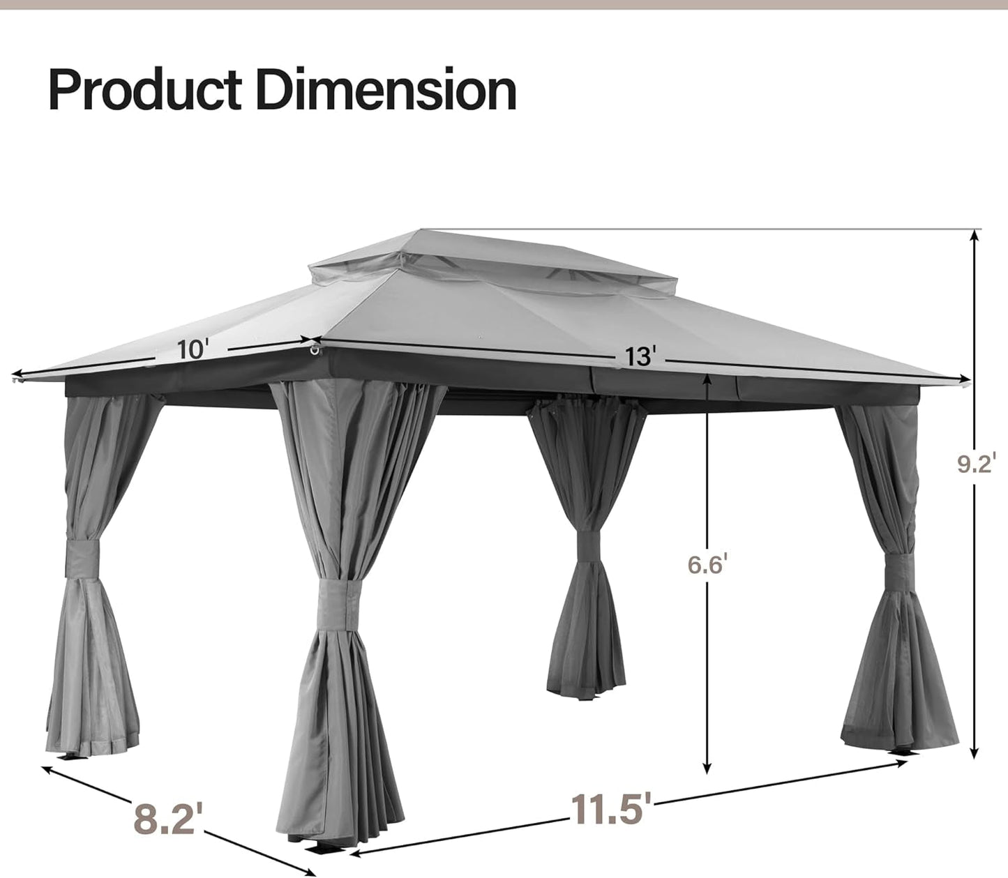 Outdoor Patio Gazebo 10'X13' with Expansion Bolts, Heavy Duty Party Tent & Shelter with Double Roofs, Mosquito Nettings and Privacy Screens for Backyard, Garden, Lawn, Smoke Grey ShipItFurniture