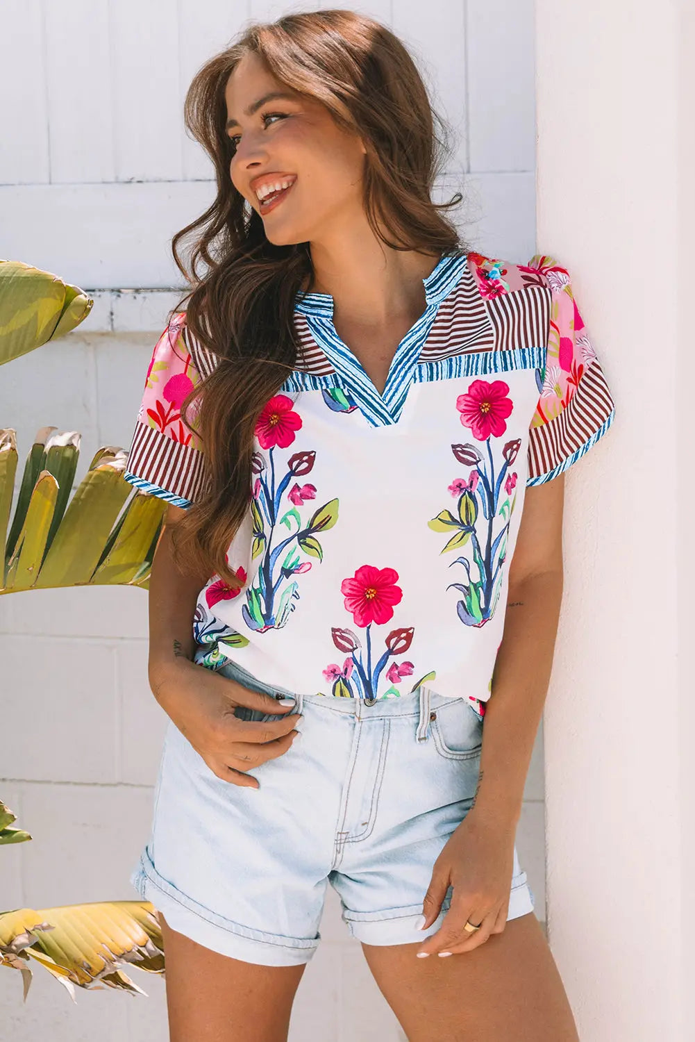 Maya Floral Striped Split Neck Blouse Threaded Pear