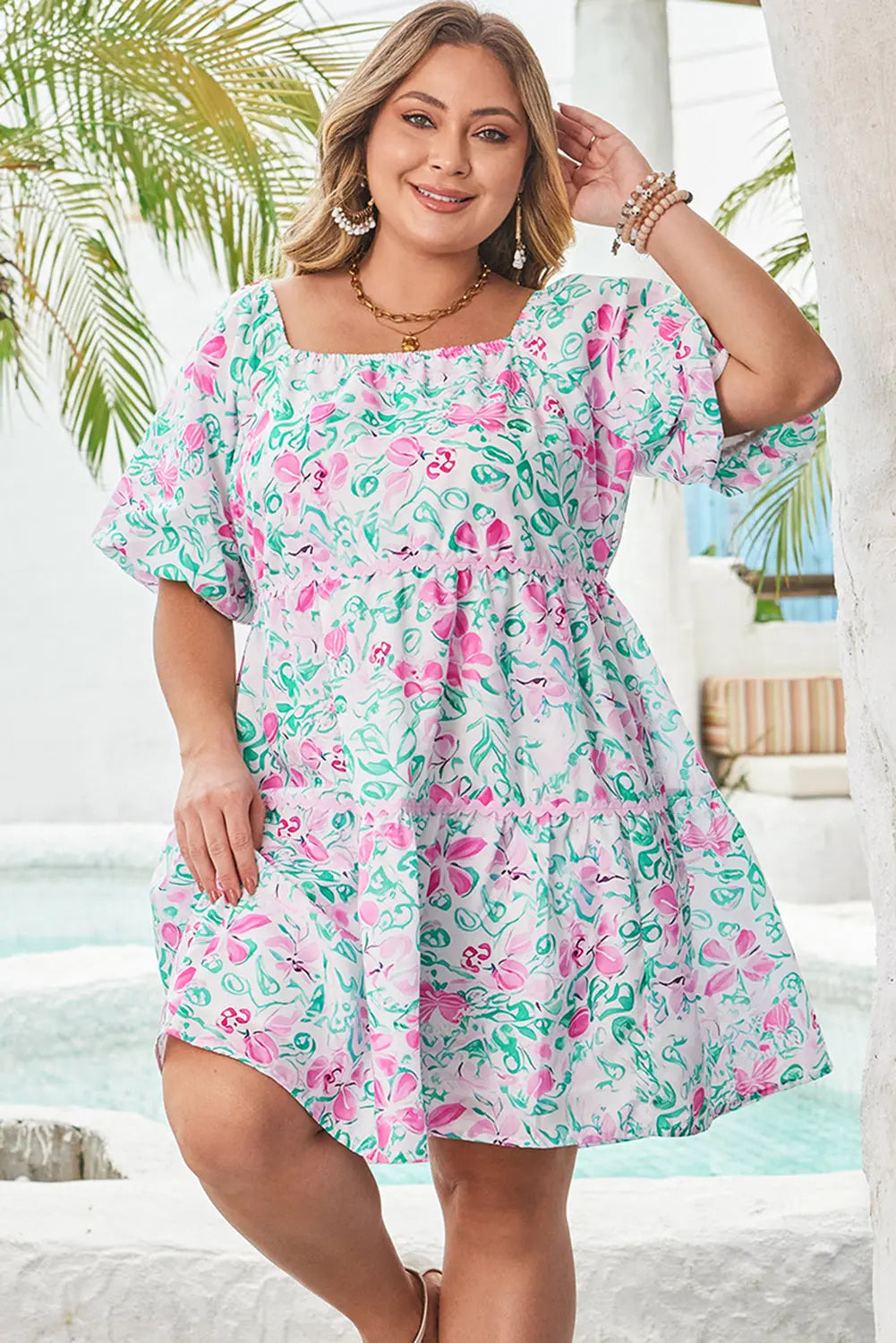 Lucille Plus Size Floral Ric-rac Trim Dress Threaded Pear